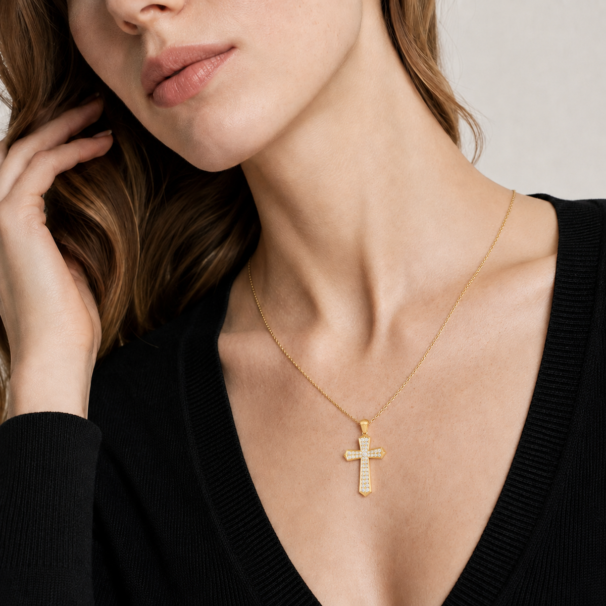 Zelie Flare Edge Cross Lab-Grown Diamond Pendant Necklace in 18K Yellow Gold, worn on neck