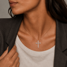 Aurette Prong Cross Lab-Grown Diamond Pendant Necklace in 14K Rose Gold, worn on neck