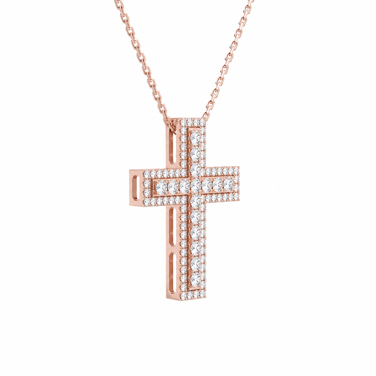 Evora Pave Edge Cross Diamond Pendant Necklace in 14K Rose Gold second product view