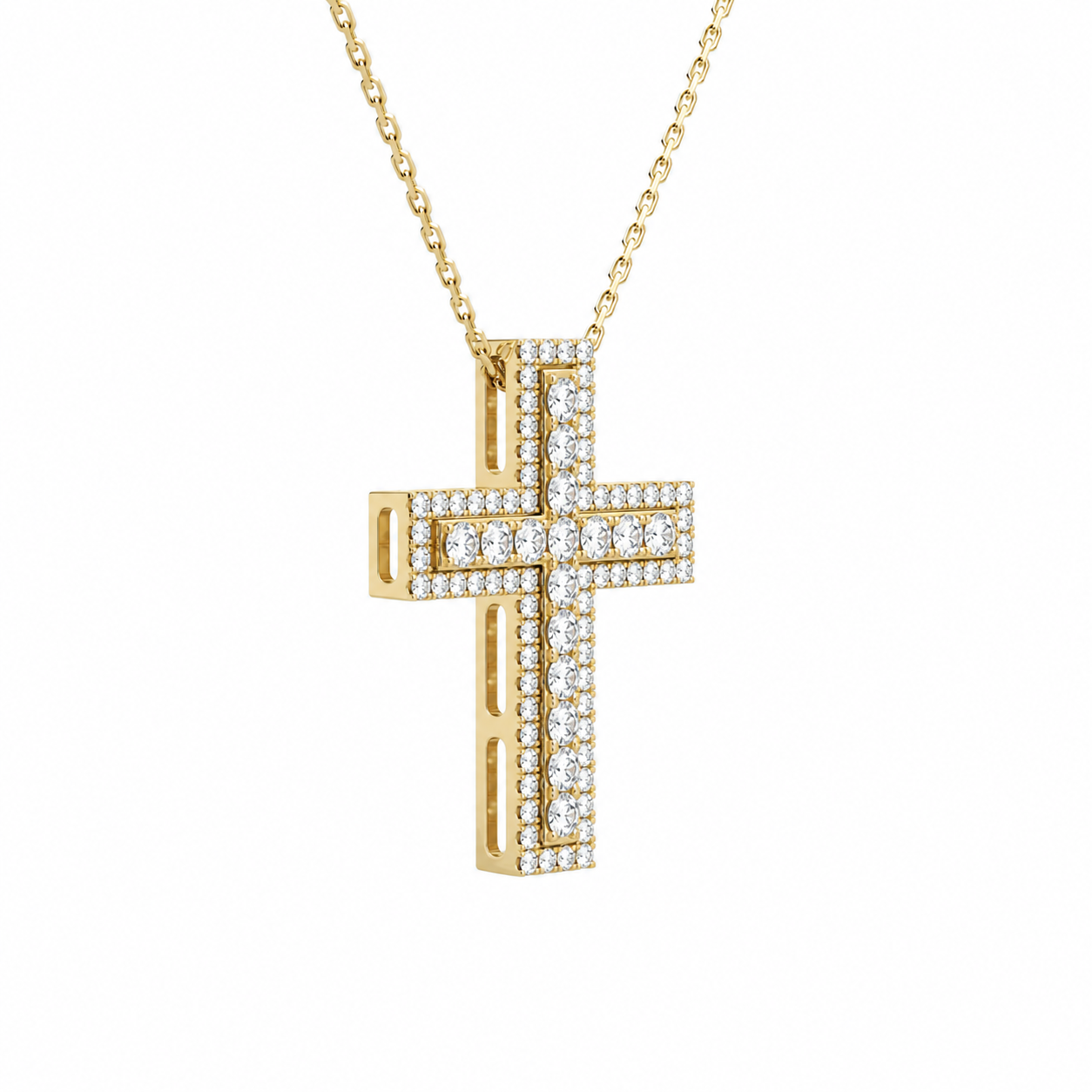 Evora Pave Edge Cross Diamond Pendant Necklace in 14K Yellow Gold second product view