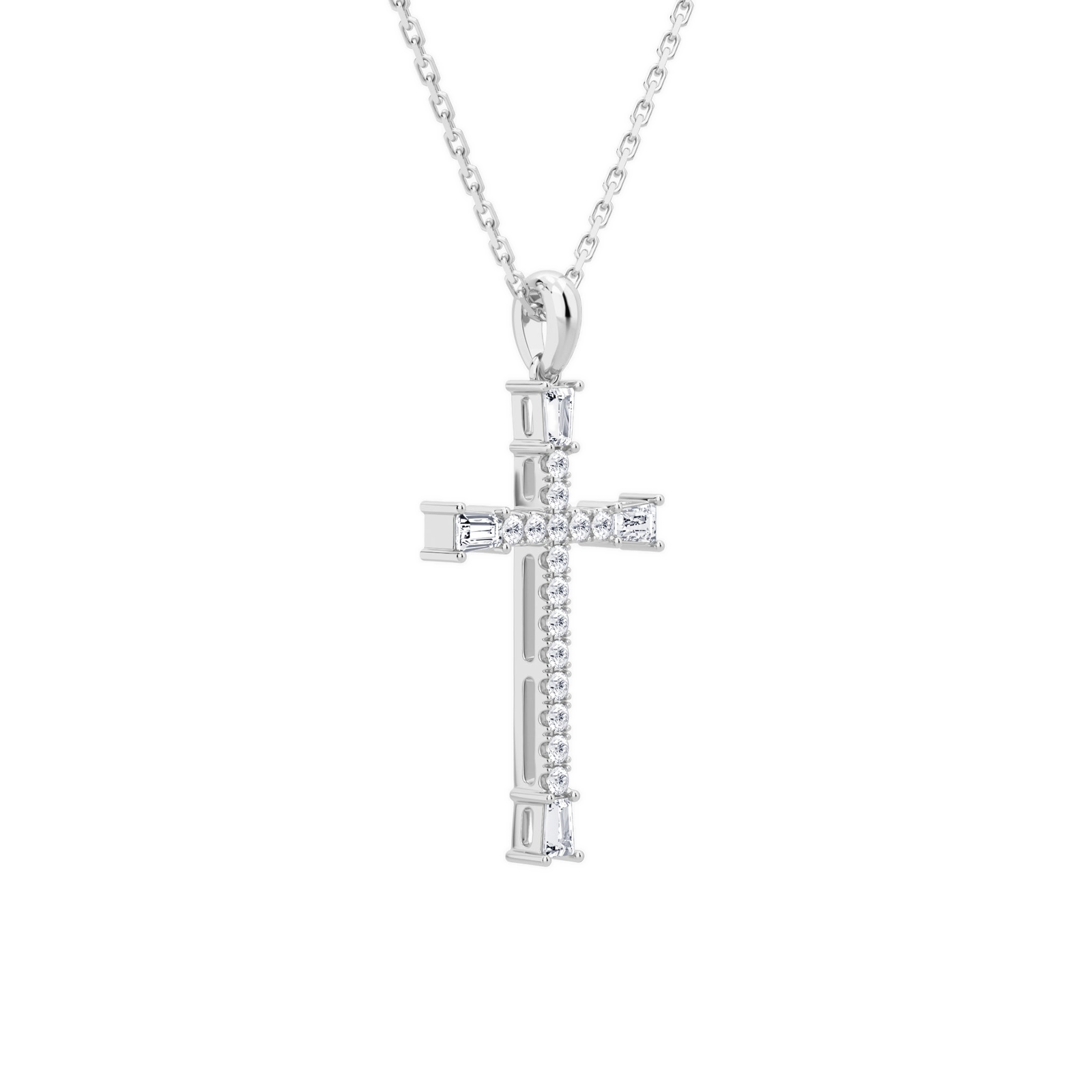 Orienne Tapered Baguette Cross Diamond Pendant Necklace in 14K White Gold second product view