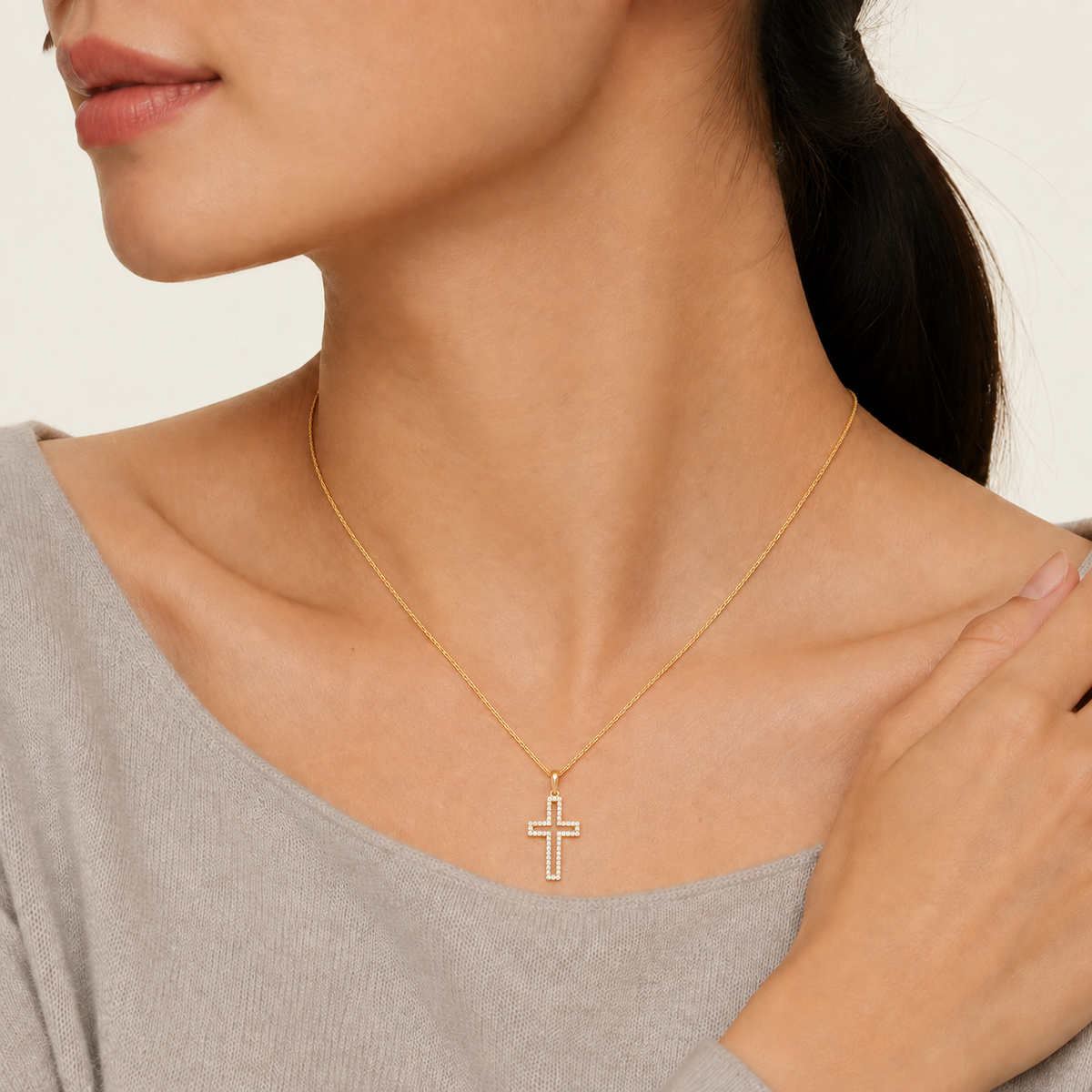 Winslet Classic Open Cross Lab-Grown Diamond Pendant Necklace in 18K Yellow Gold, worn on neck