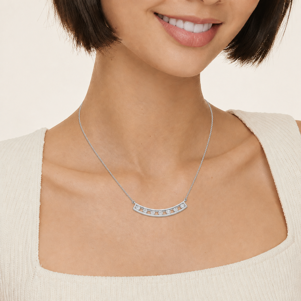Freya Spaced Curved Bar Lab-Grown Diamond Necklace in Platinum, worn on neck