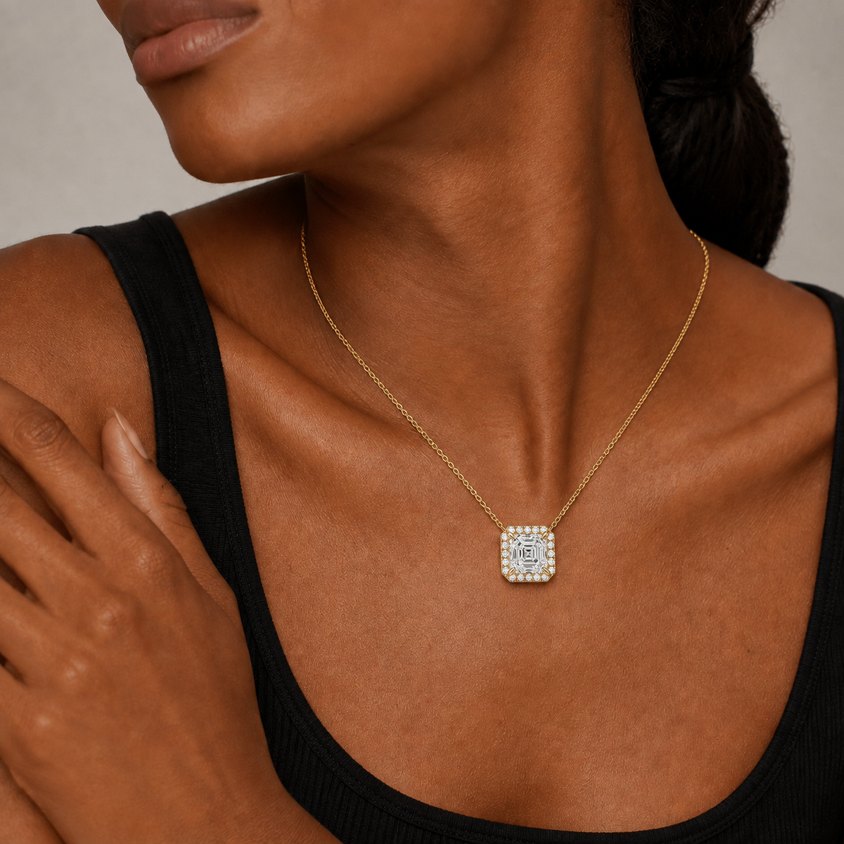 Jessa Asscher Halo Lab-Grown Diamond Necklace in 14K Yellow Gold, worn on neck