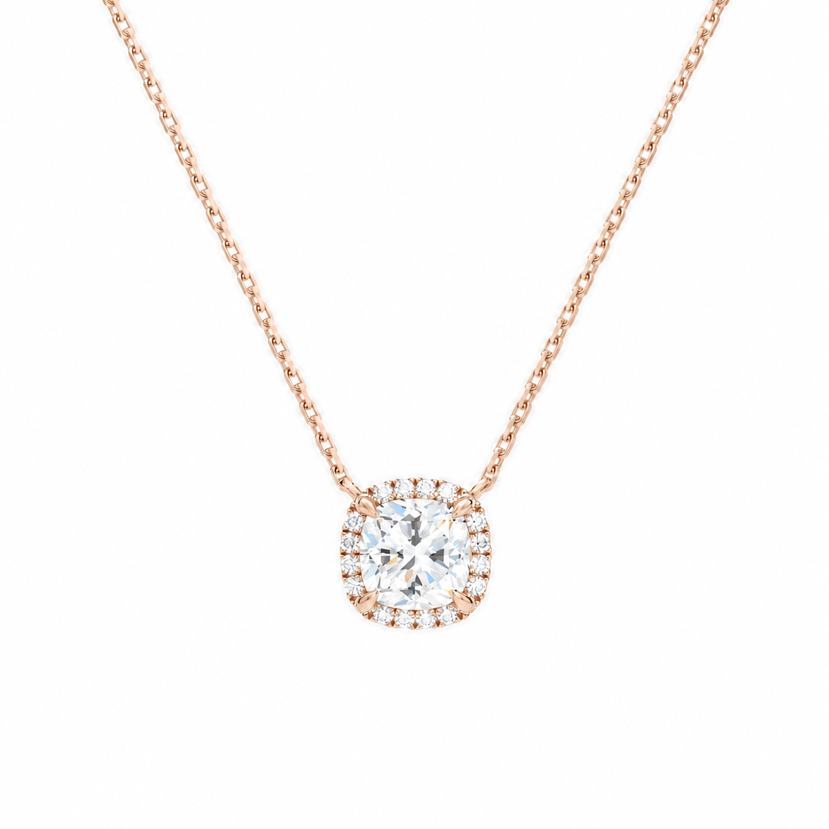 Jessa Cushion Halo Lab-Grown Diamond Necklace in 14K Rose Gold, front view