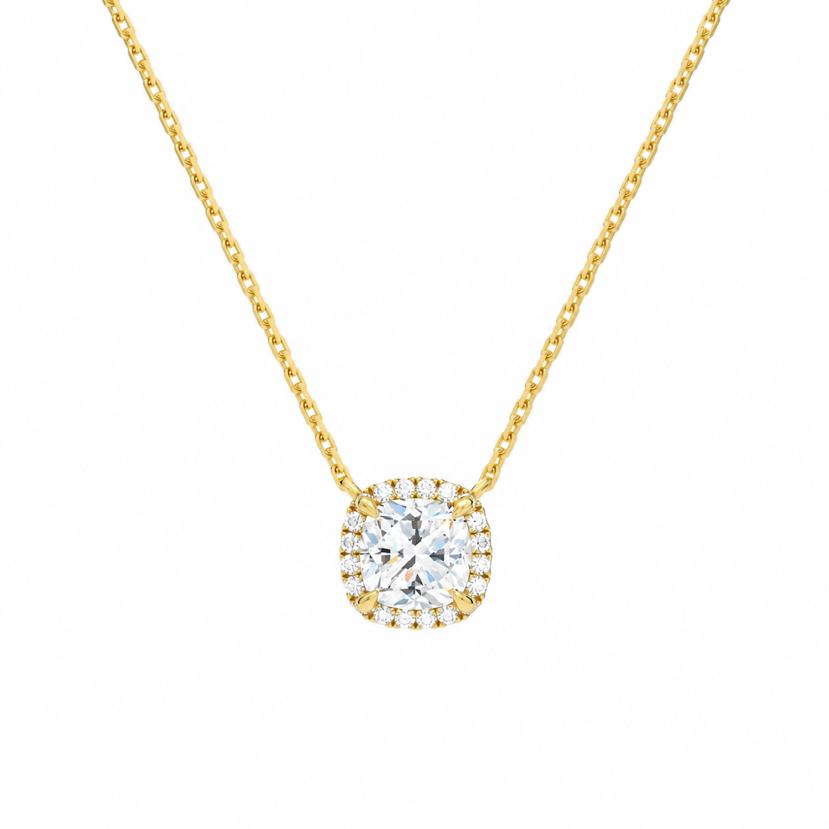 Jessa Cushion Halo Lab-Grown Diamond Necklace in 14K Yellow Gold, front view