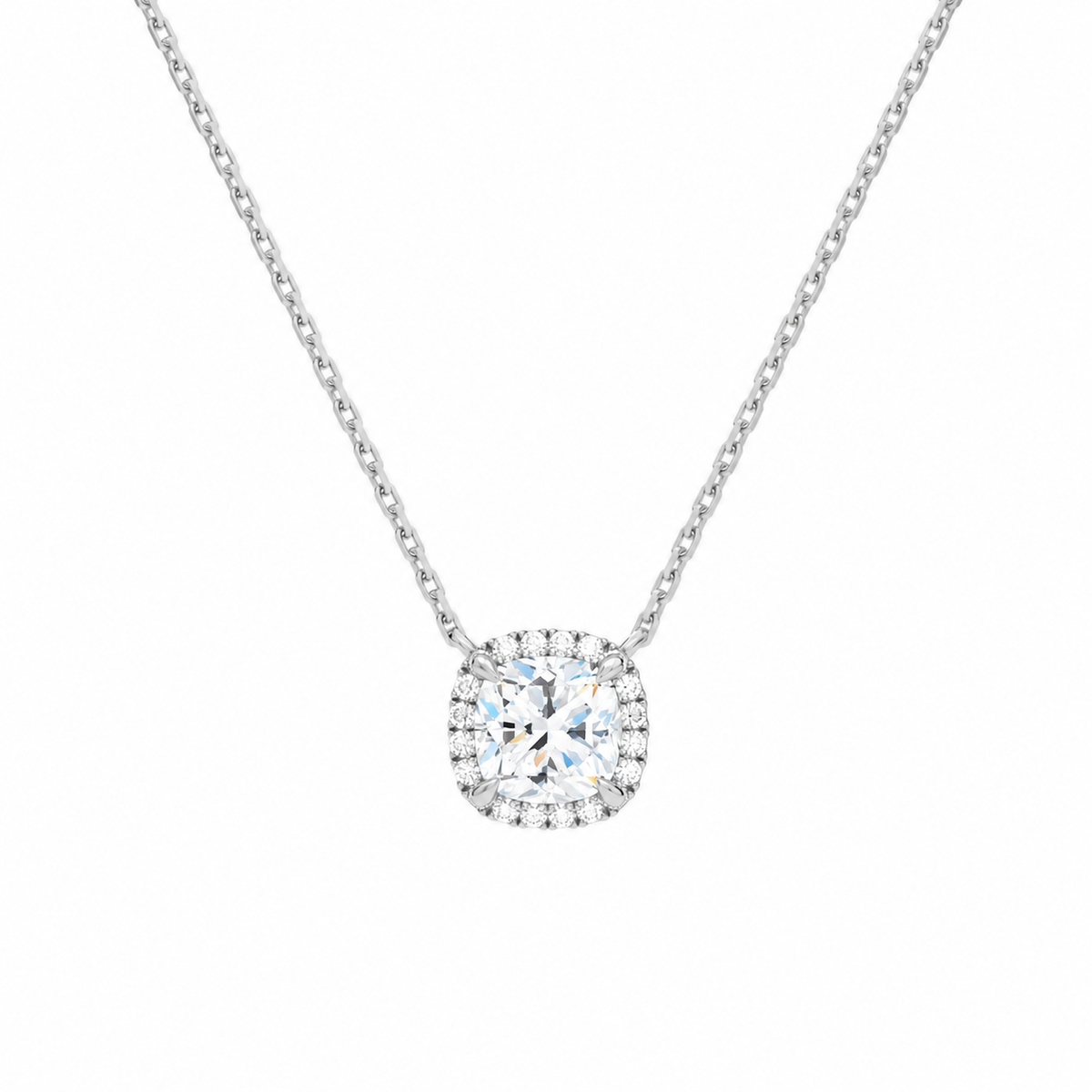 Jessa Cushion Halo Lab-Grown Diamond Necklace in Platinum, front view