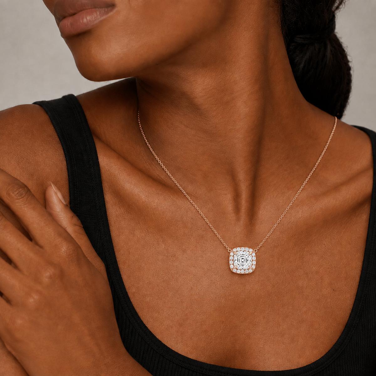 Jessa Cushion Halo Lab-Grown Diamond Necklace in 14K Rose Gold, worn on neck