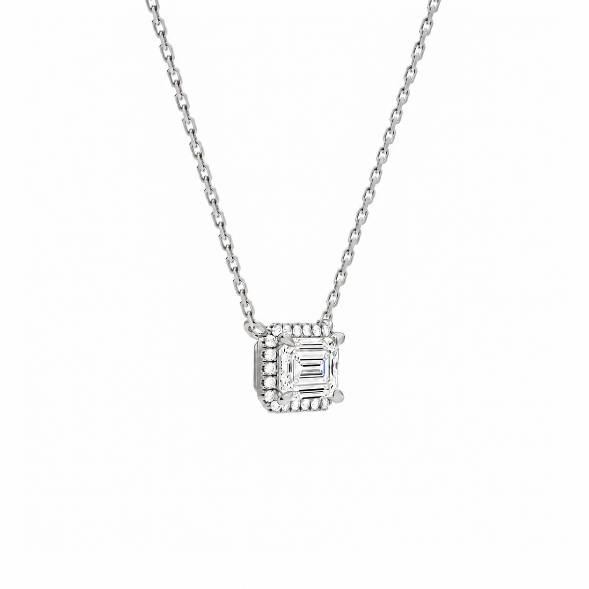 Jessa Emerald Halo Lab-Grown Diamond Necklace in Platinum, alternate product view