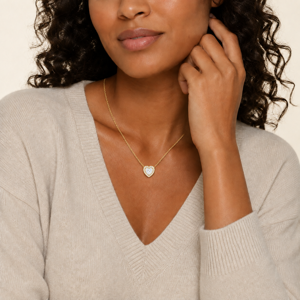 Jessa Heart Halo Lab-Grown Diamond Necklace in 14K Yellow Gold, worn on neck