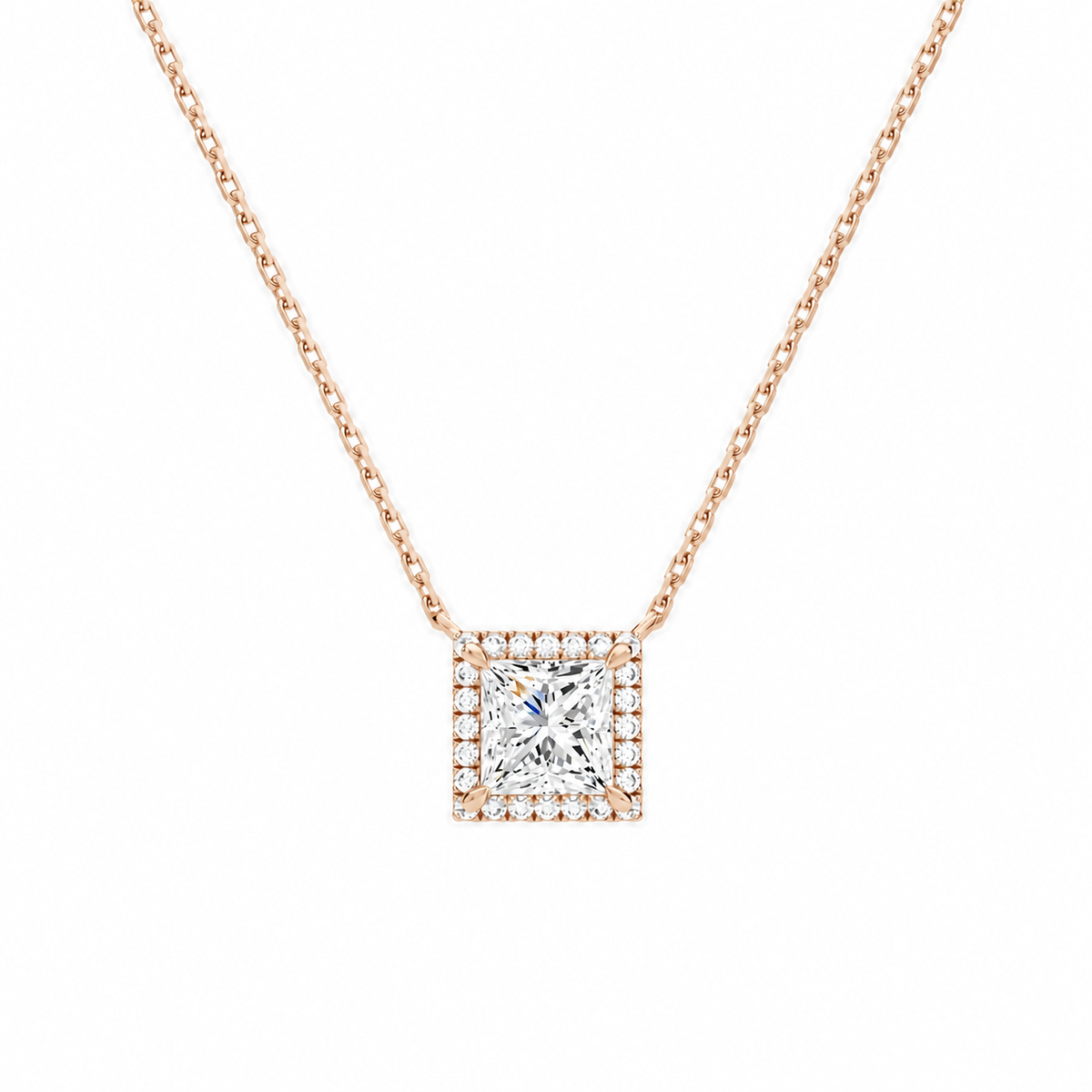 Jessa Princess Halo Lab-Grown Diamond Necklace in 14K Rose Gold, front view