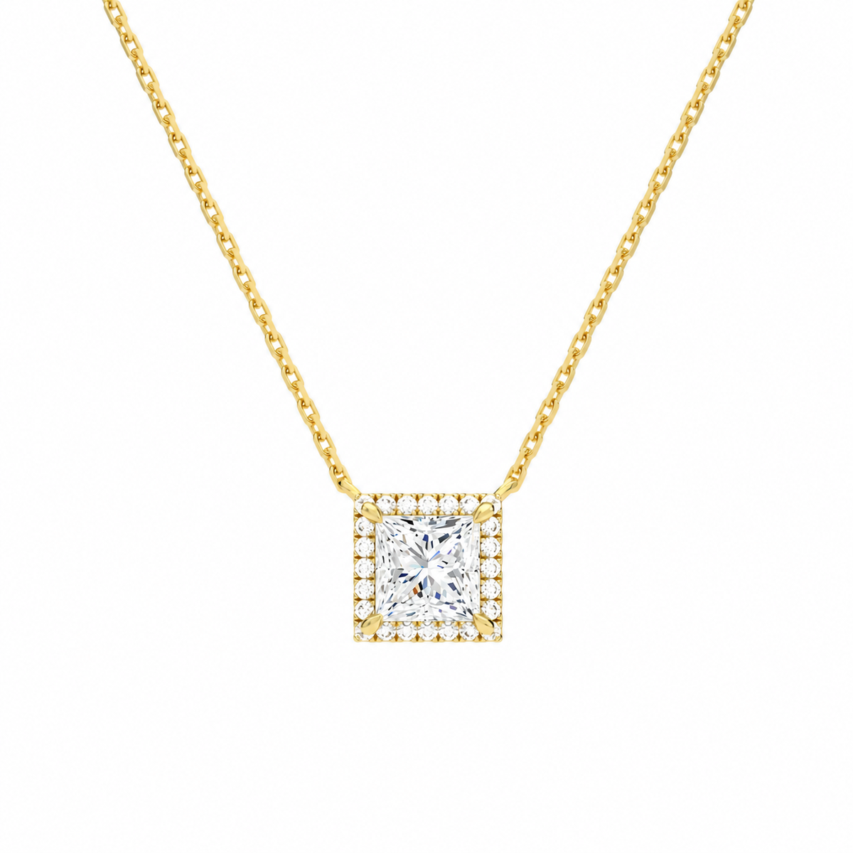 Jessa Princess Halo Lab-Grown Diamond Necklace in 18K Yellow Gold, front view
