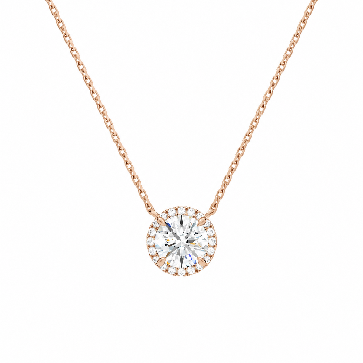 Jessa Round Halo Lab-Grown Diamond Necklace in 14K Rose Gold, front view