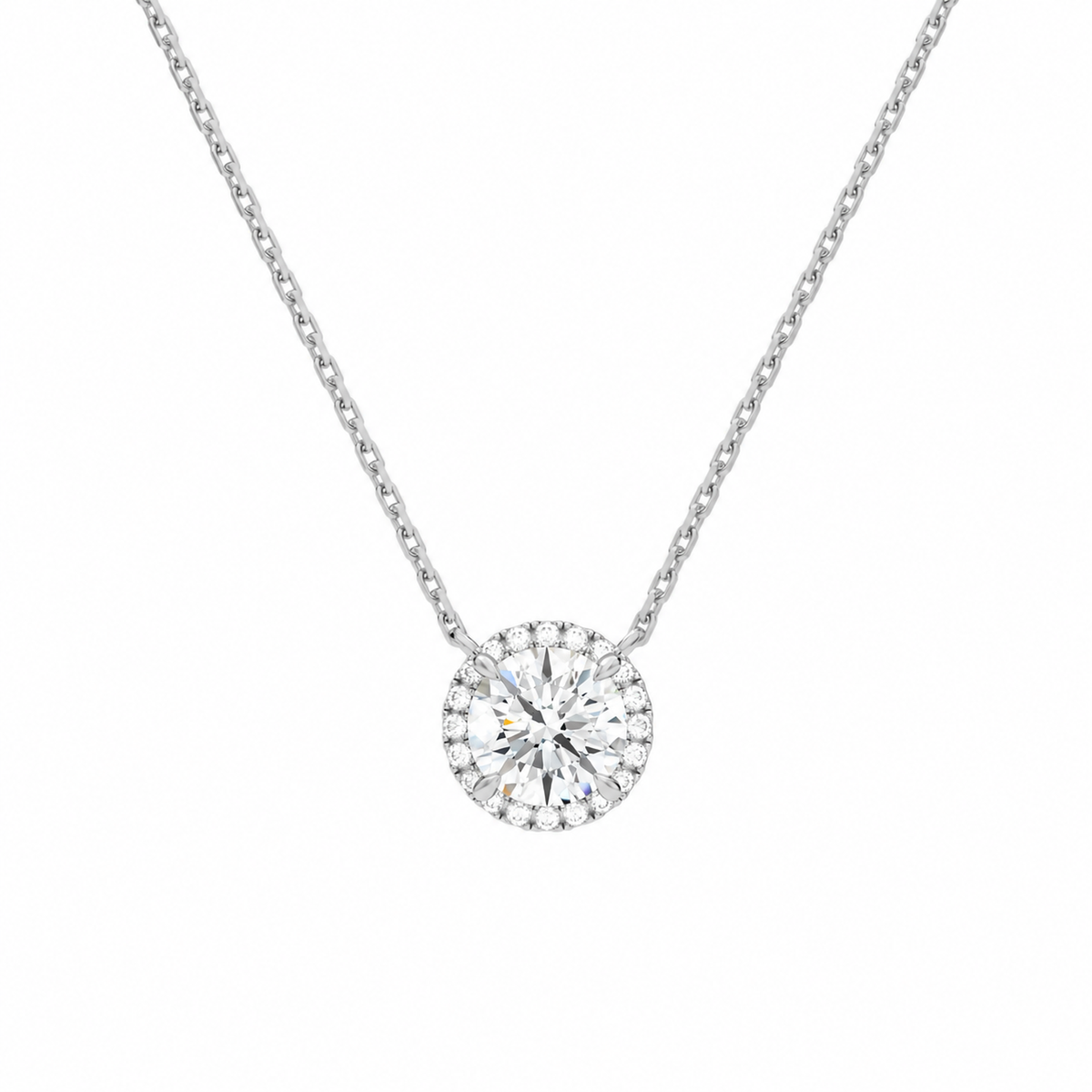 Jessa Round Halo Lab-Grown Diamond Necklace in 14K White Gold, front view