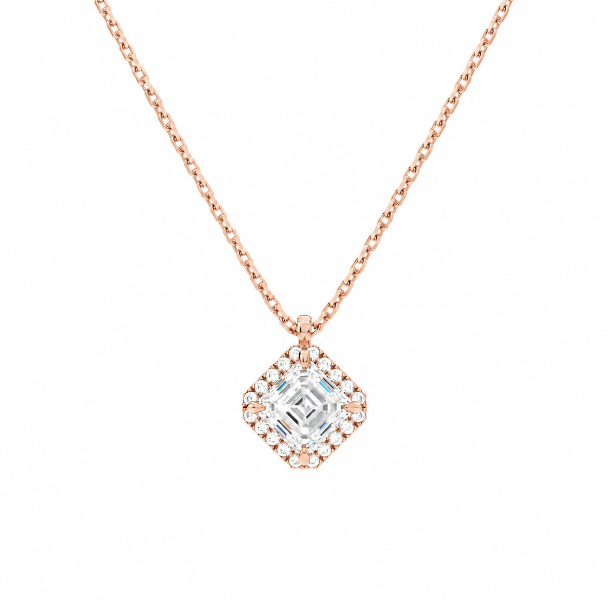 Malia Asscher Halo Lab-Grown Diamond Pendant Necklace in 14K Rose Gold, front view
