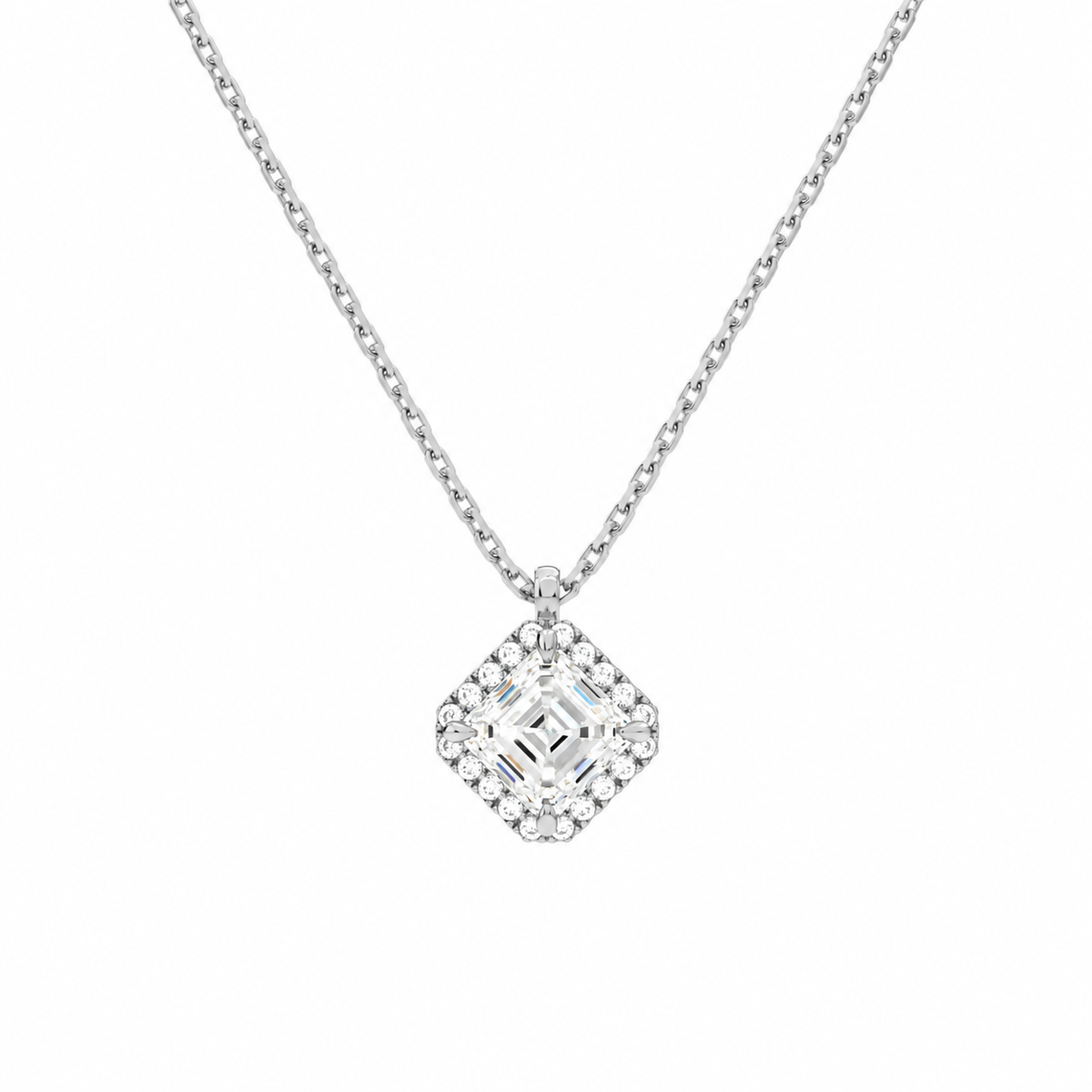 Malia Asscher Halo Lab-Grown Diamond Pendant Necklace in 14K White Gold, front view