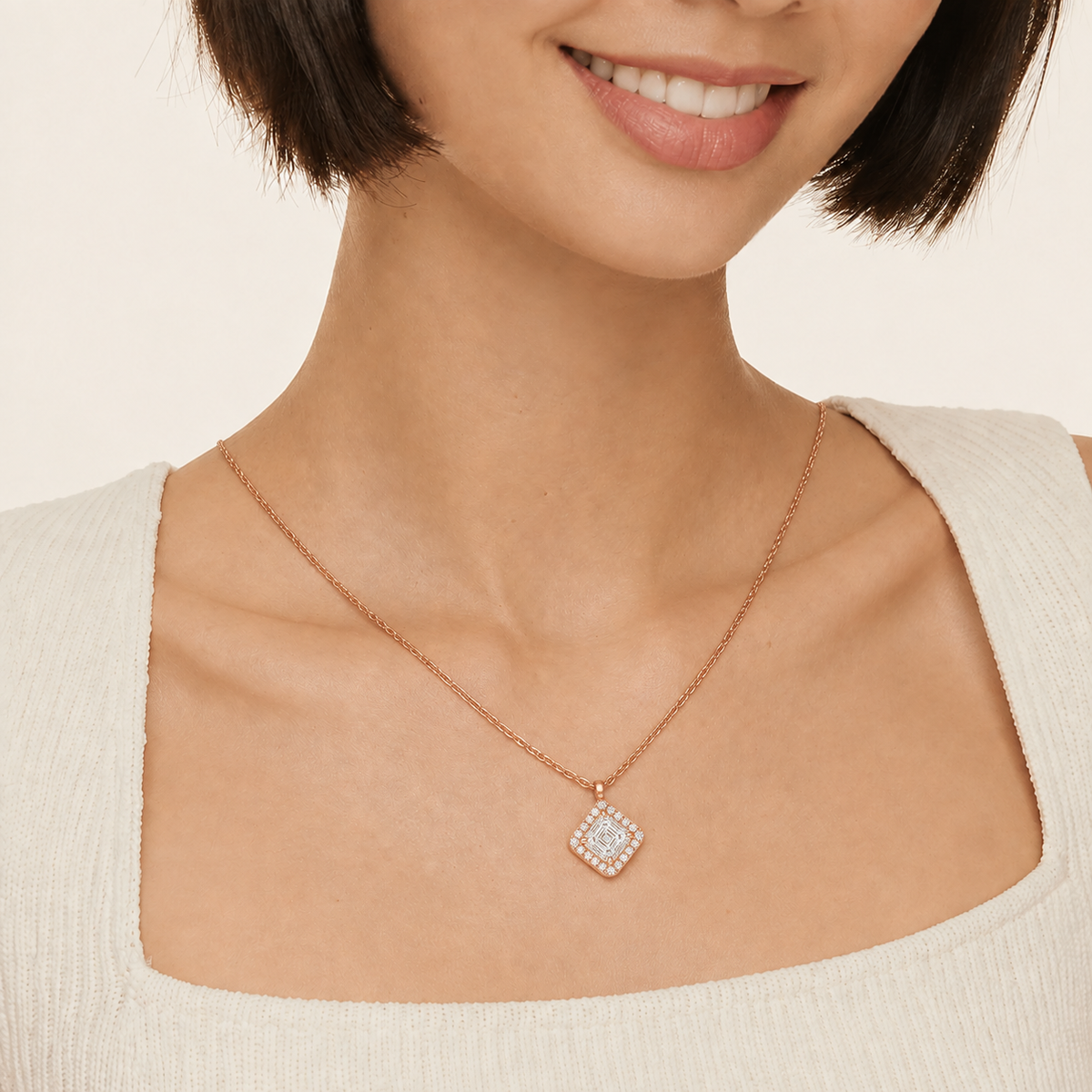 Malia Asscher Halo Lab-Grown Diamond Pendant Necklace in 14K Rose Gold, worn on neck