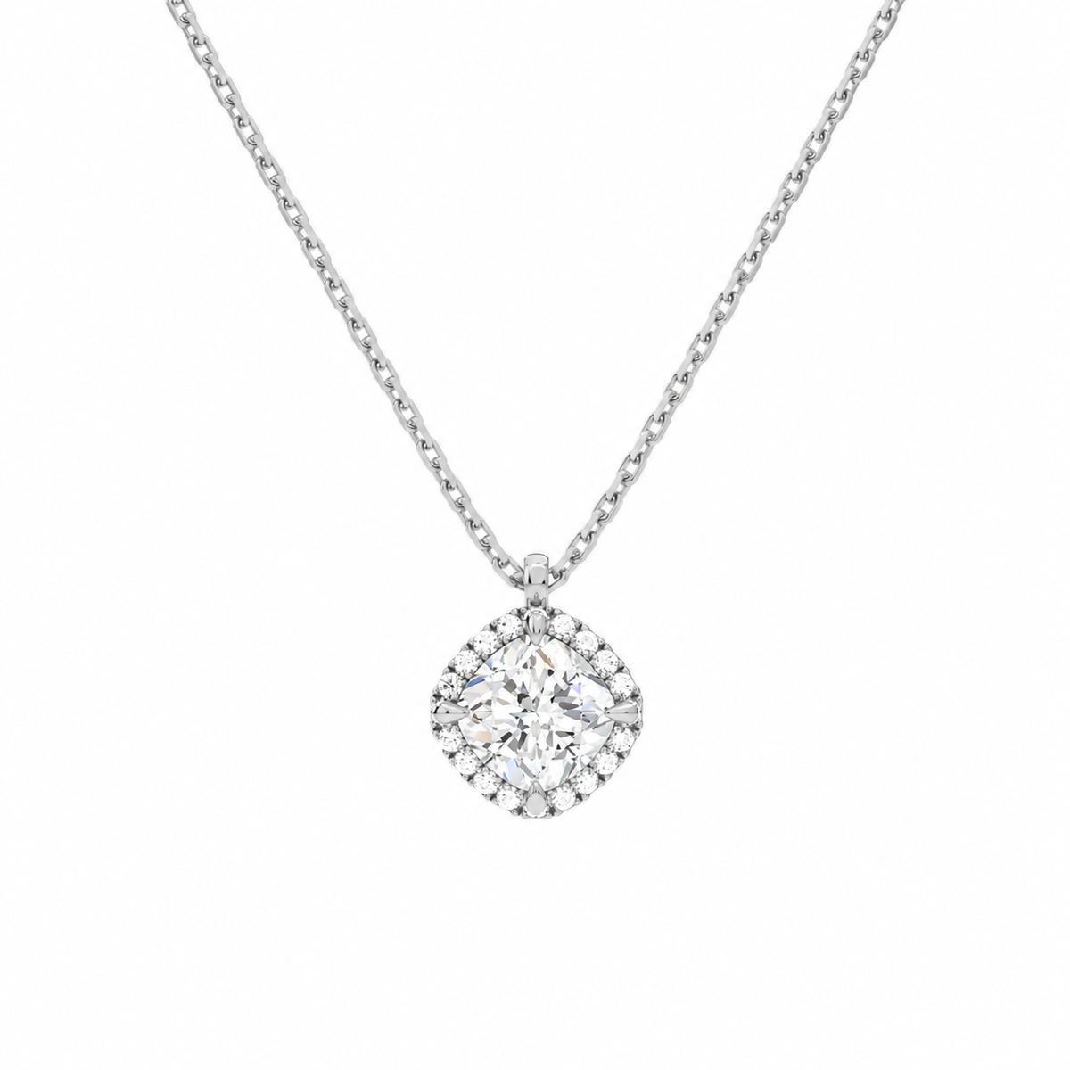 Malia Cushion Halo Lab-Grown Diamond Pendant Necklace in 18K White Gold, front view