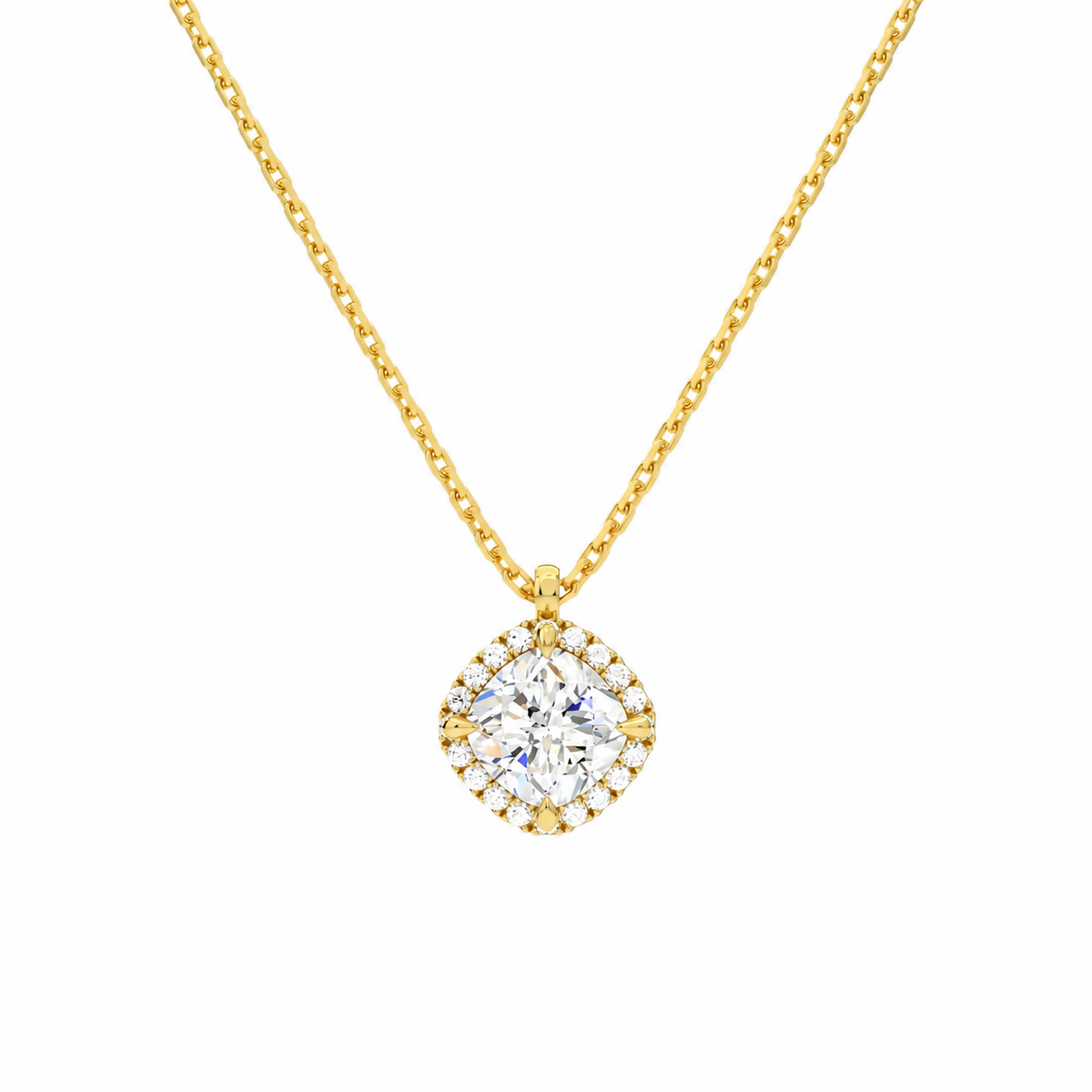 Malia Cushion Halo Lab-Grown Diamond Pendant Necklace in 18K Yellow Gold, front view