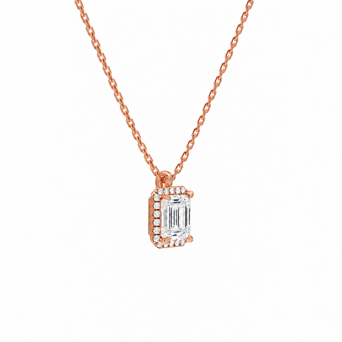 Malia Emerald Halo Lab-Grown Diamond Pendant Necklace in 14K Rose Gold, alternate product view