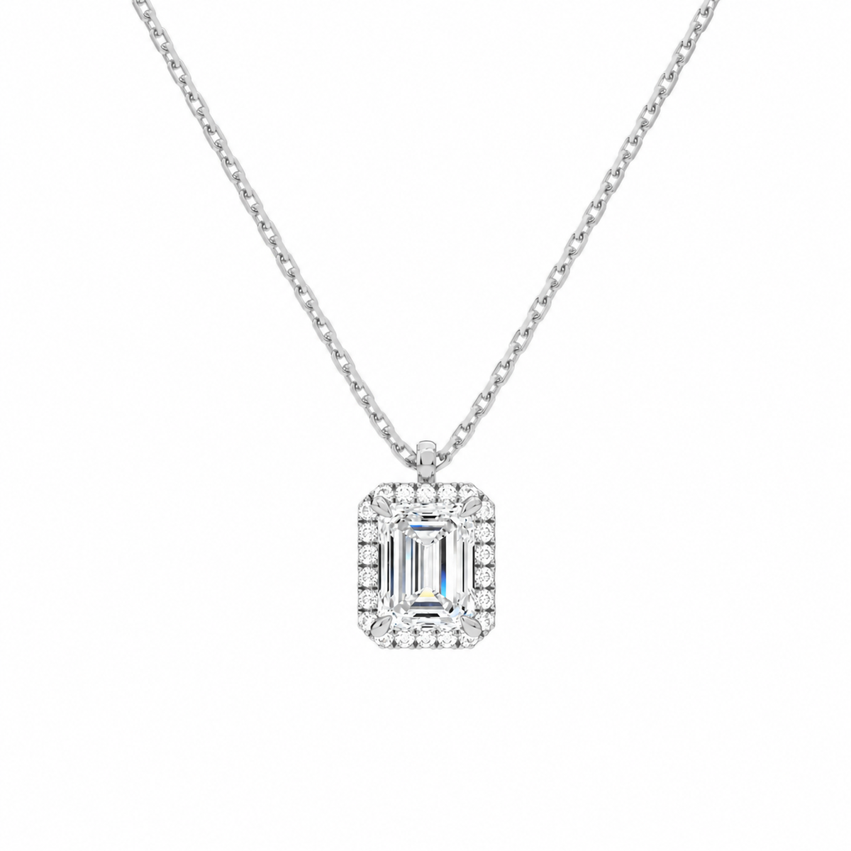 Malia Emerald Halo Lab-Grown Diamond Pendant Necklace in 14K White Gold, front view