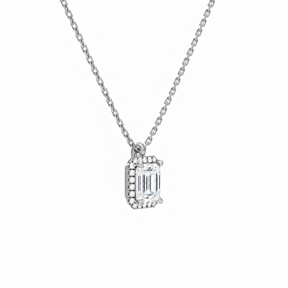 Malia Emerald Halo Lab-Grown Diamond Pendant Necklace in 18K White Gold, alternate product view