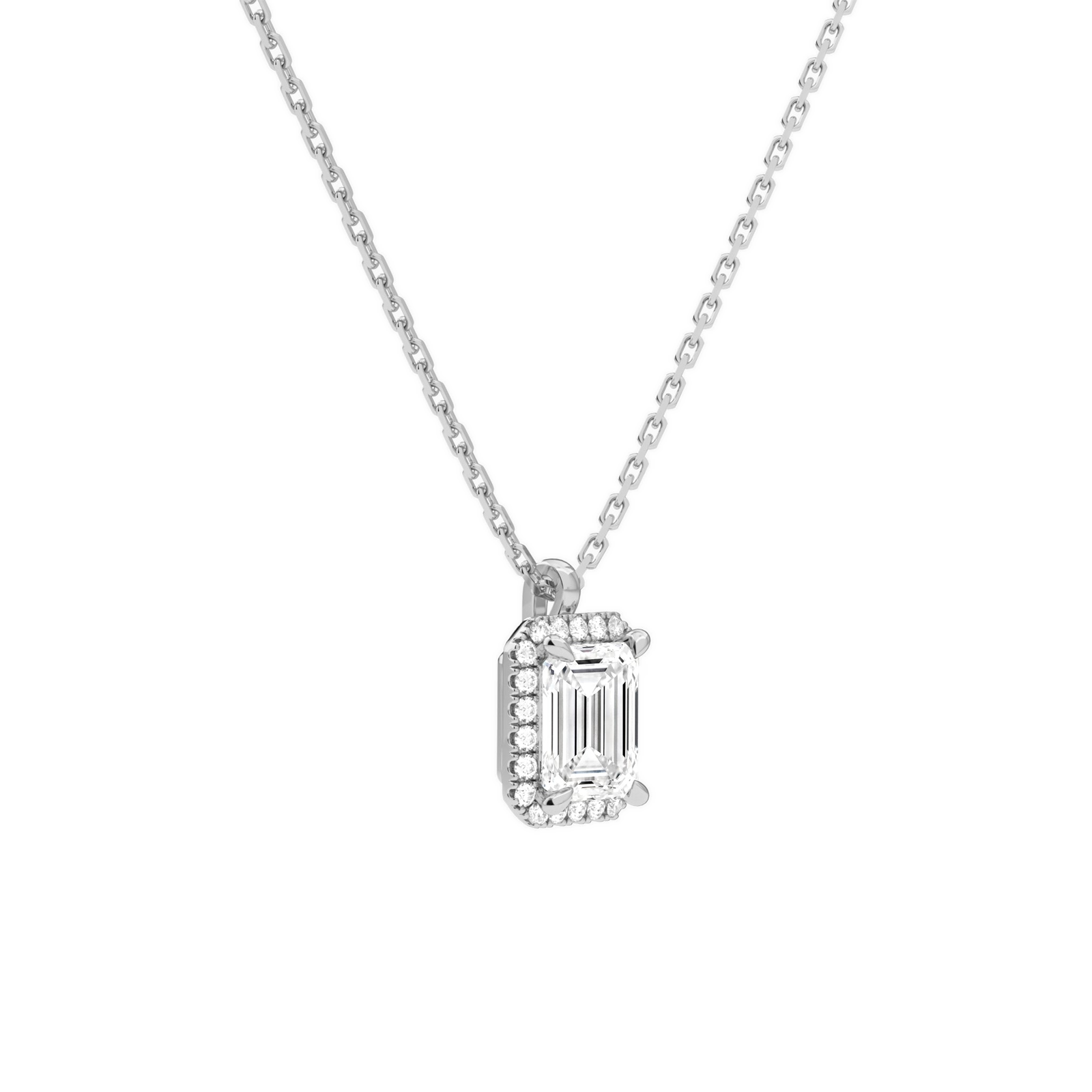 Malia Emerald Halo Diamond Pendant Necklace in 18K White Gold second product view