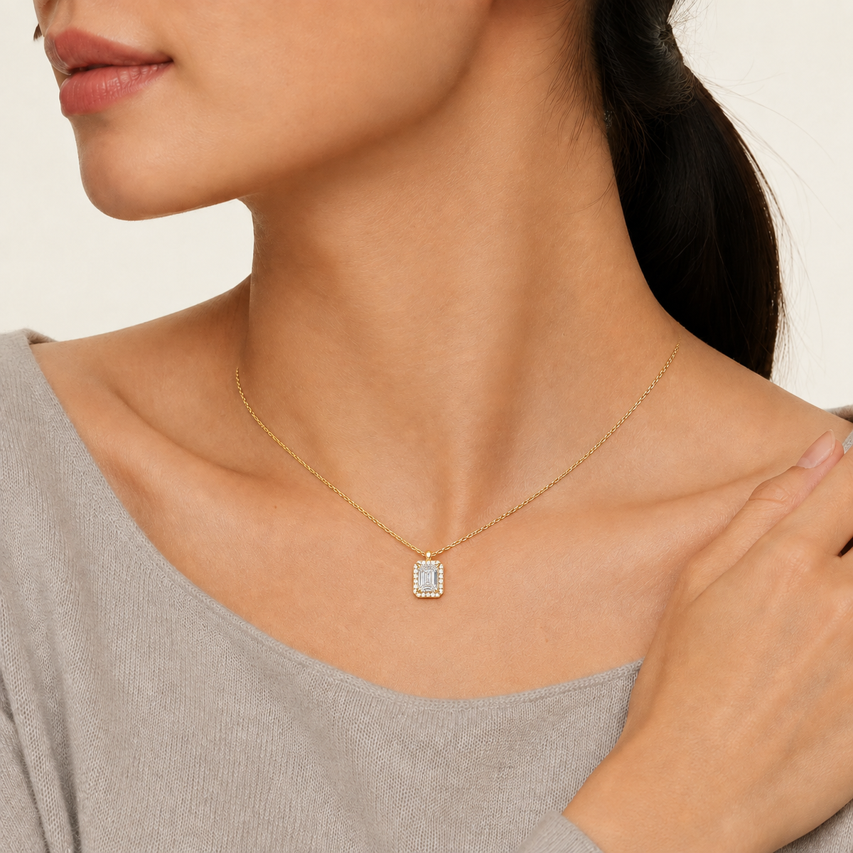 Malia Emerald Halo Lab-Grown Diamond Pendant Necklace in 14K Yellow Gold, worn on neck