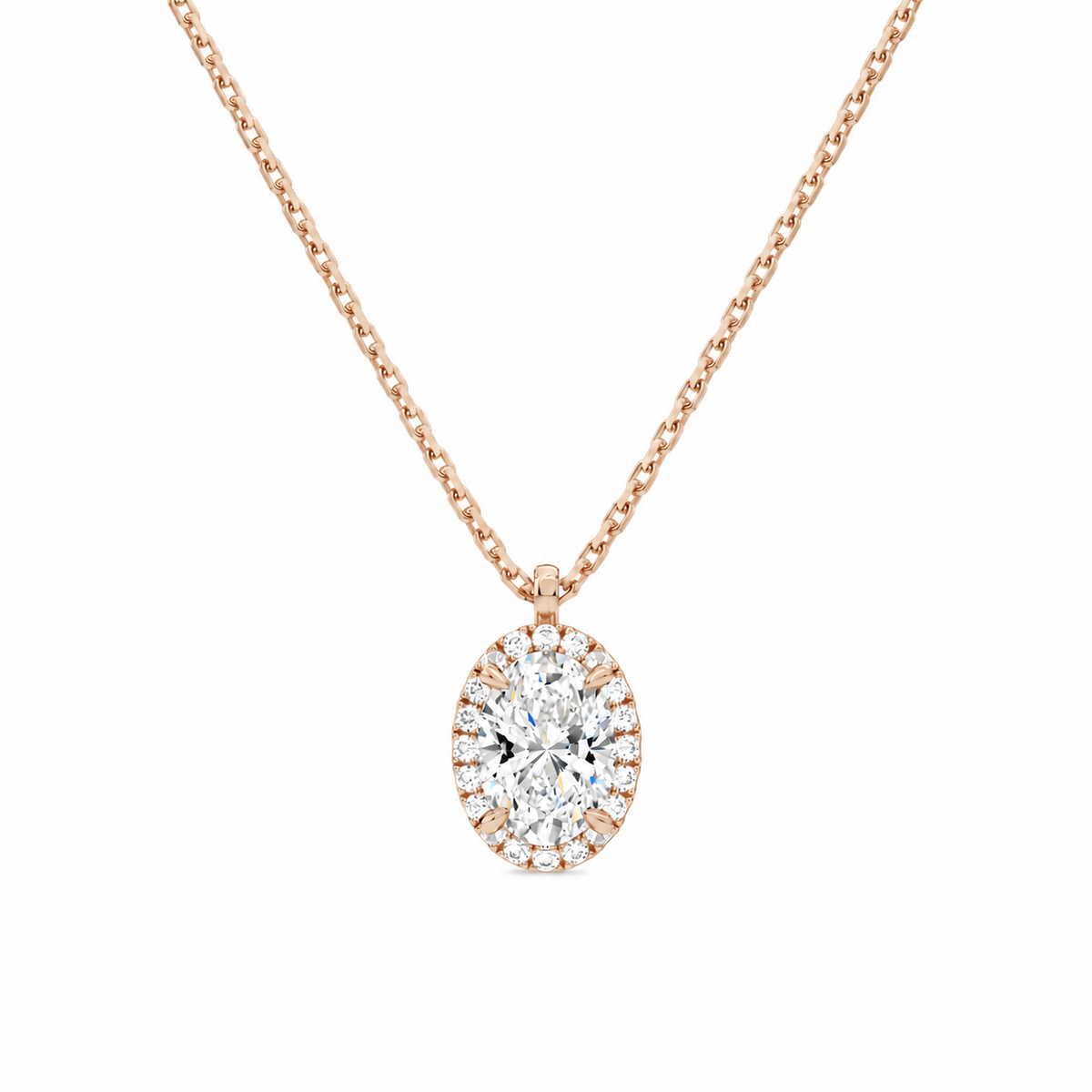Malia Oval Halo Lab-Grown Diamond Pendant Necklace in 14K Rose Gold, front view