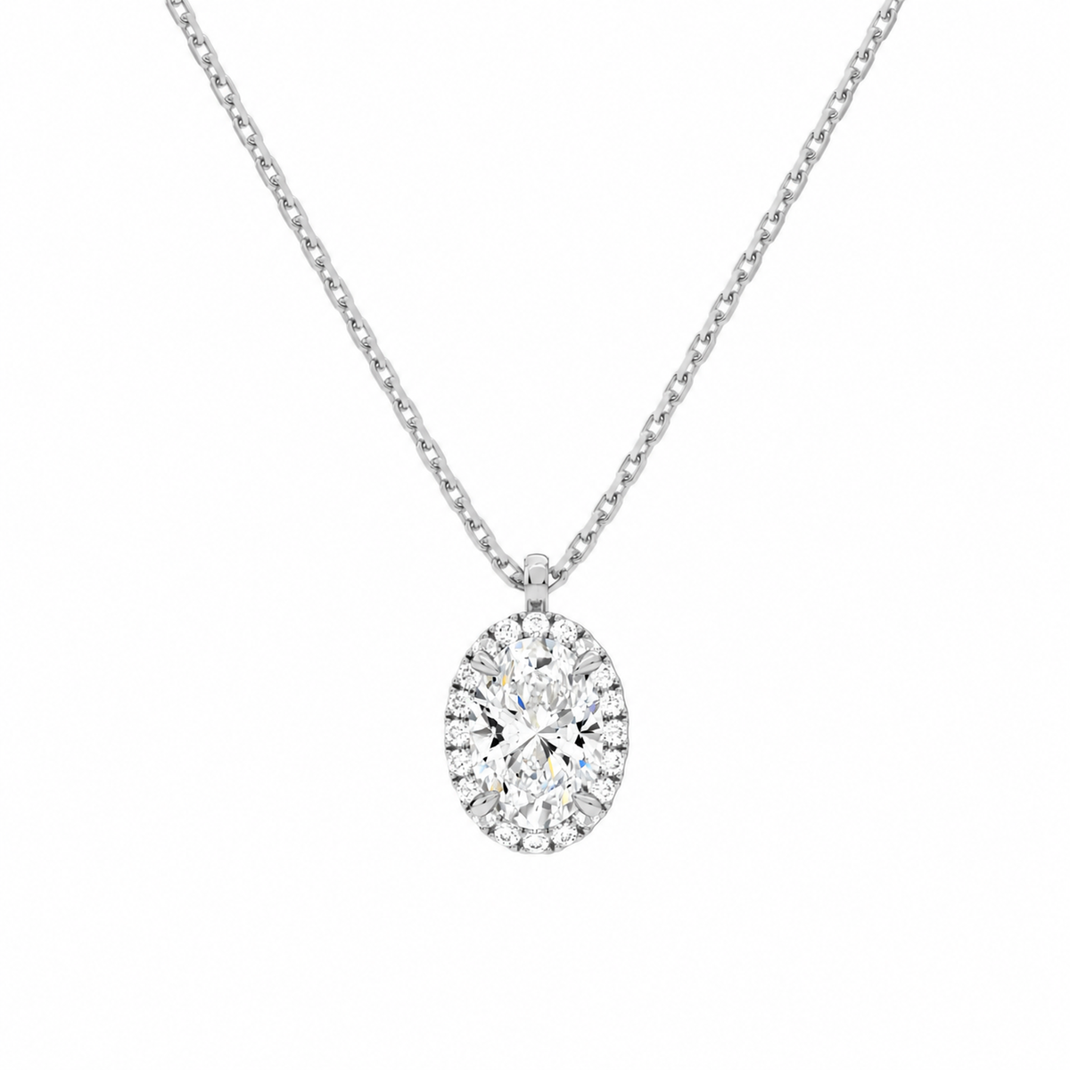 Malia Oval Halo Lab-Grown Diamond Pendant Necklace in 14K White Gold, front view