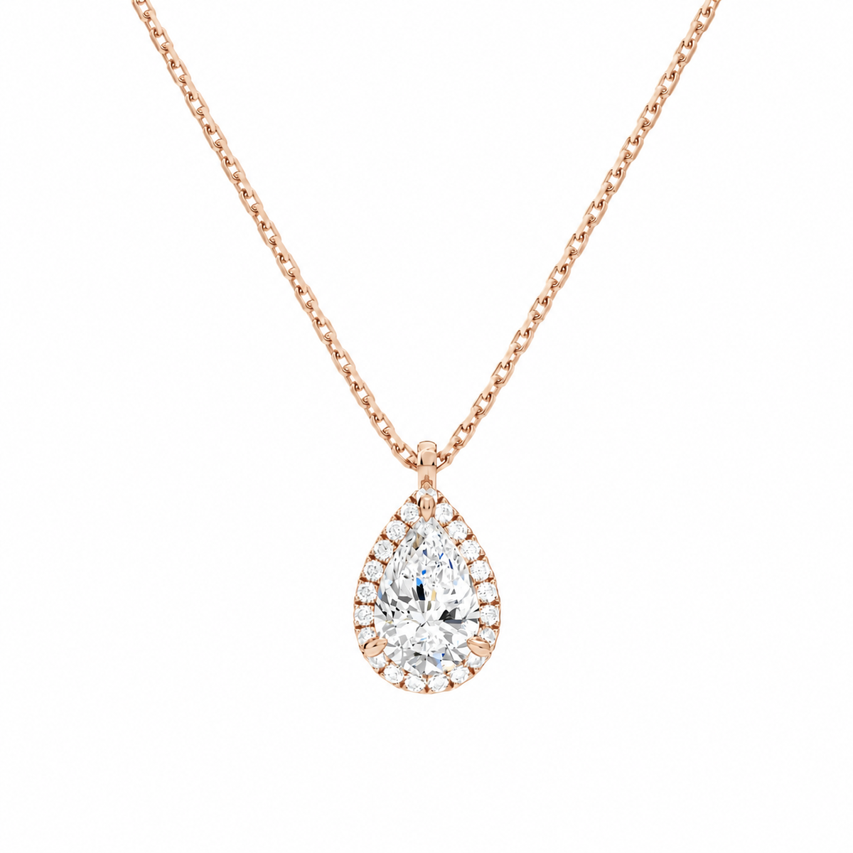 Malia Pear Halo Lab-Grown Diamond Pendant Necklace in 14K Rose Gold, front view