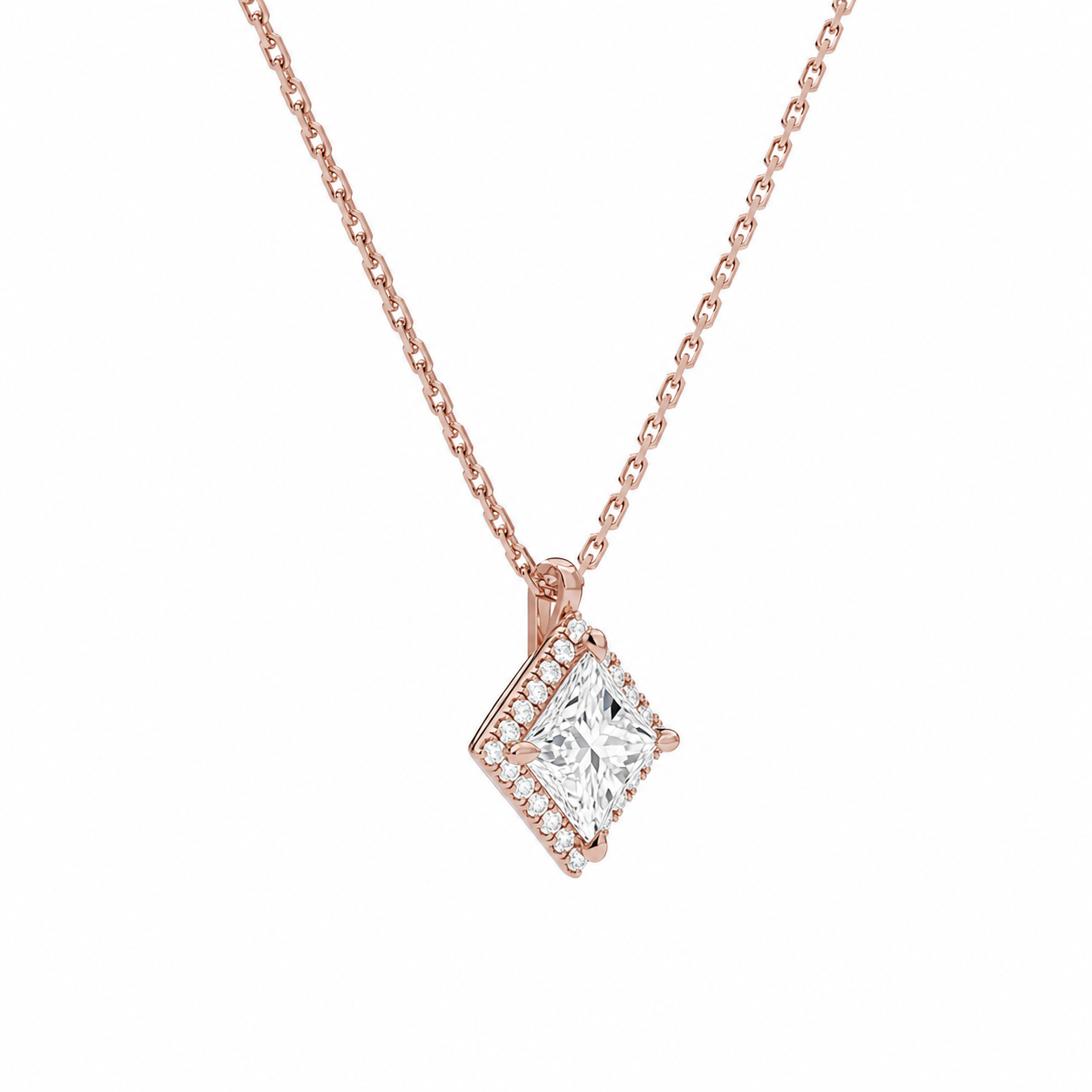Malia Princess Halo Diamond Pendant Necklace in 14K Rose Gold second product view