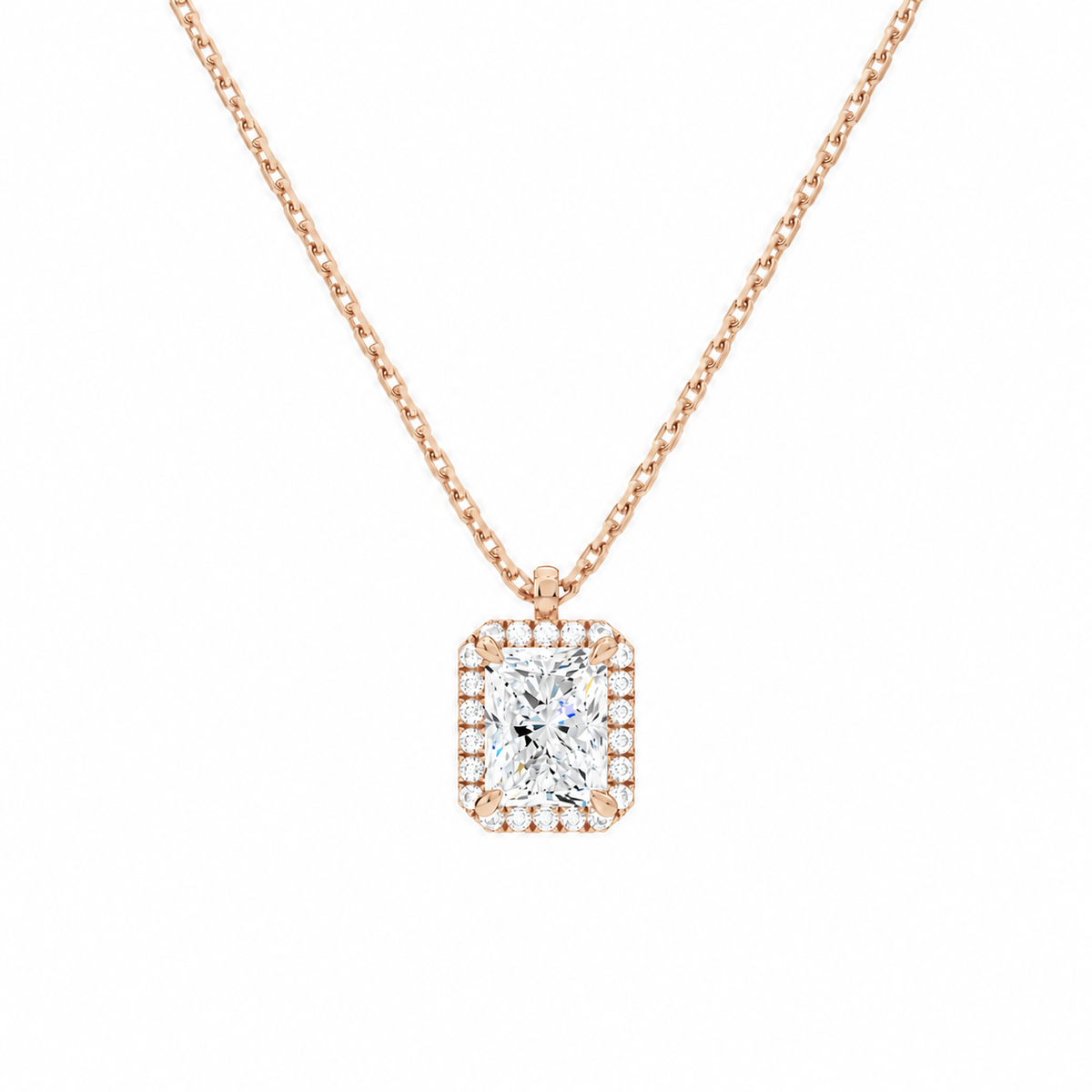 Malia Radiant Halo Lab-Grown Diamond Pendant Necklace in 14K Rose Gold, front view