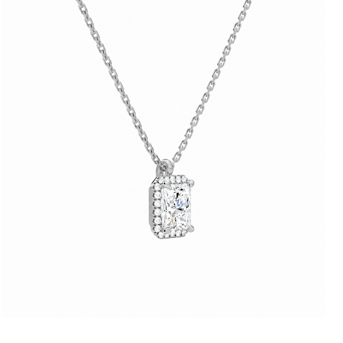 Malia Radiant Halo Lab-Grown Diamond Pendant Necklace in 18K White Gold, alternate product view