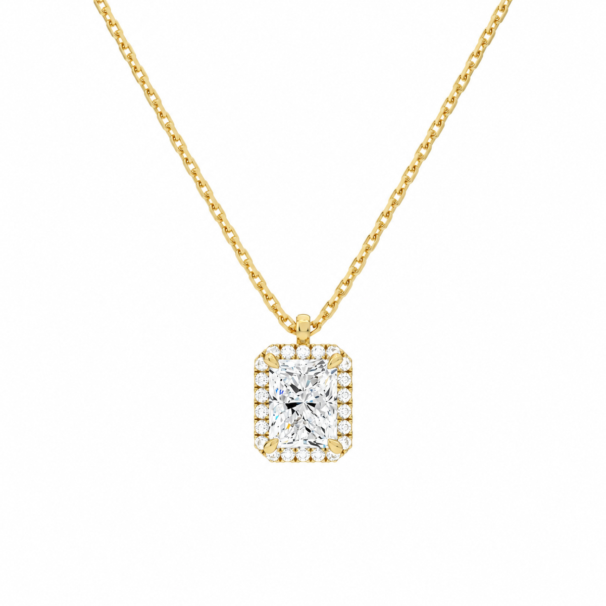 Malia Radiant Halo Lab-Grown Diamond Pendant Necklace in 18K Yellow Gold, front view