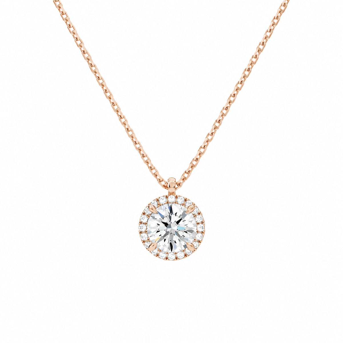 Malia Round Halo Lab-Grown Diamond Pendant Necklace in 14K Rose Gold, front view