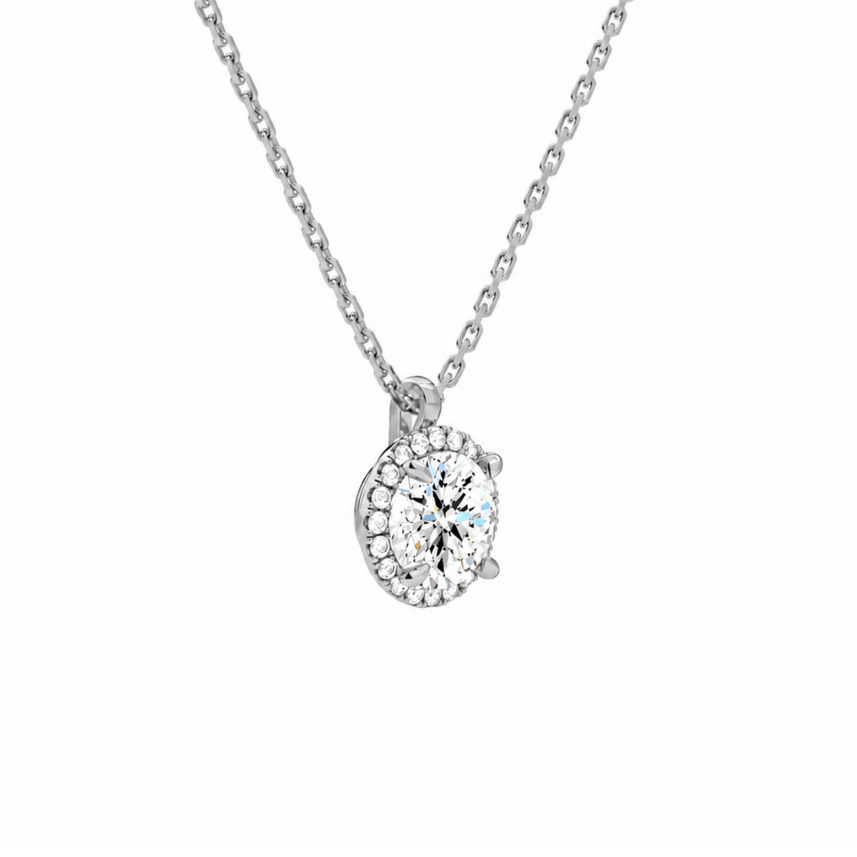 Malia Round Halo Lab-Grown Diamond Pendant Necklace in 18K White Gold, alternate product view