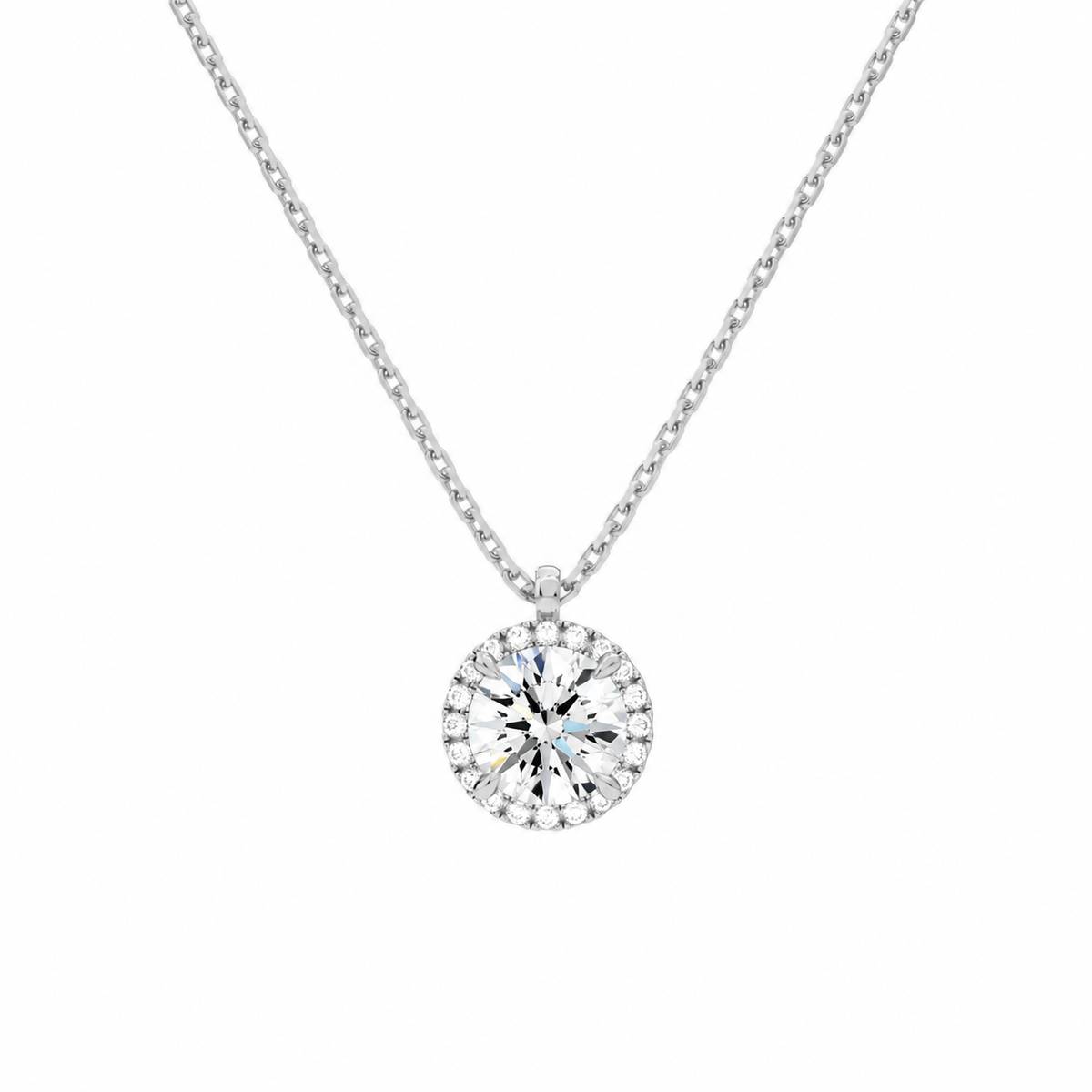 Malia Round Halo Lab-Grown Diamond Pendant Necklace in Platinum, front view