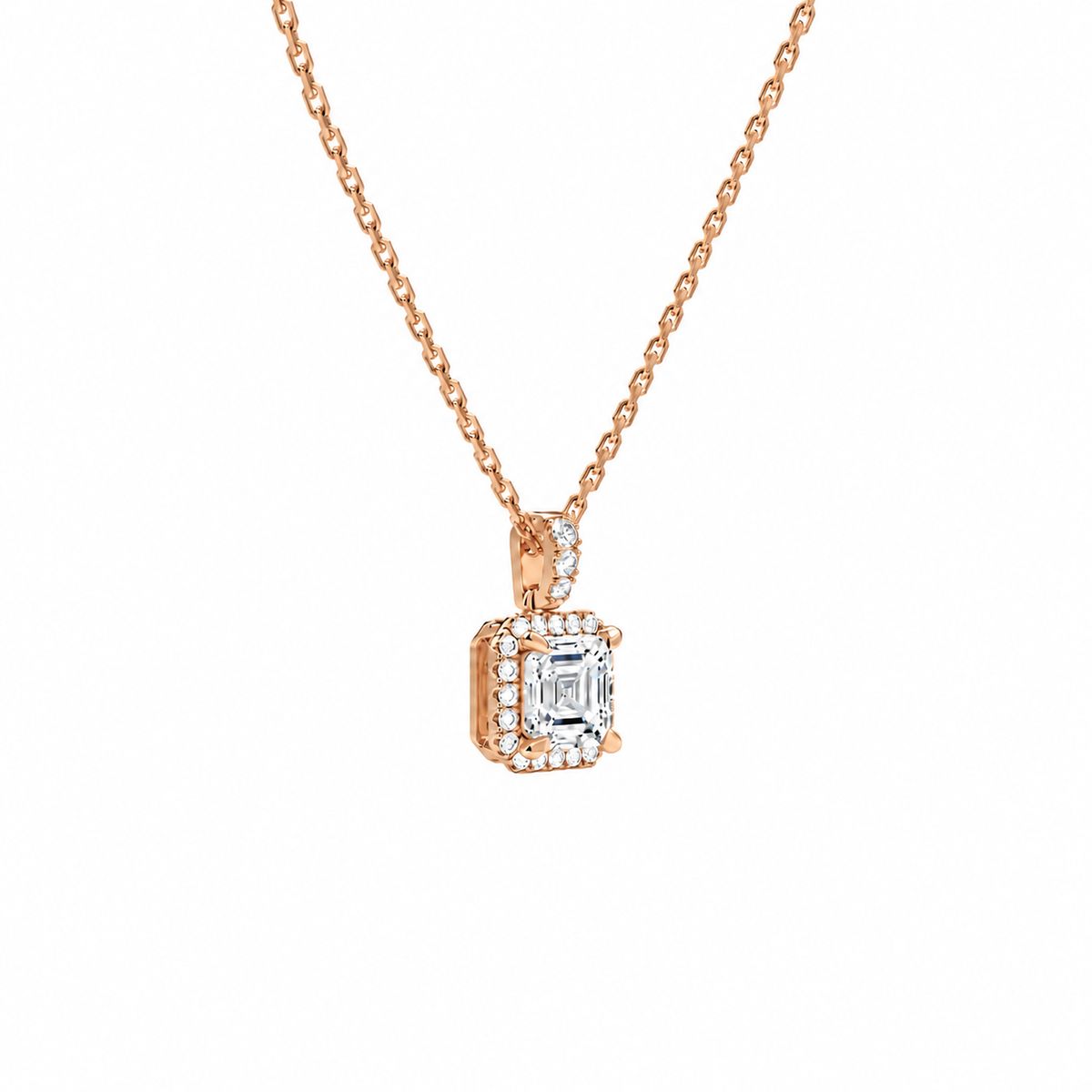 Leona Asscher Halo Accented Bail Lab-Grown Diamond Pendant Necklace in 14K Rose Gold, alternate product view