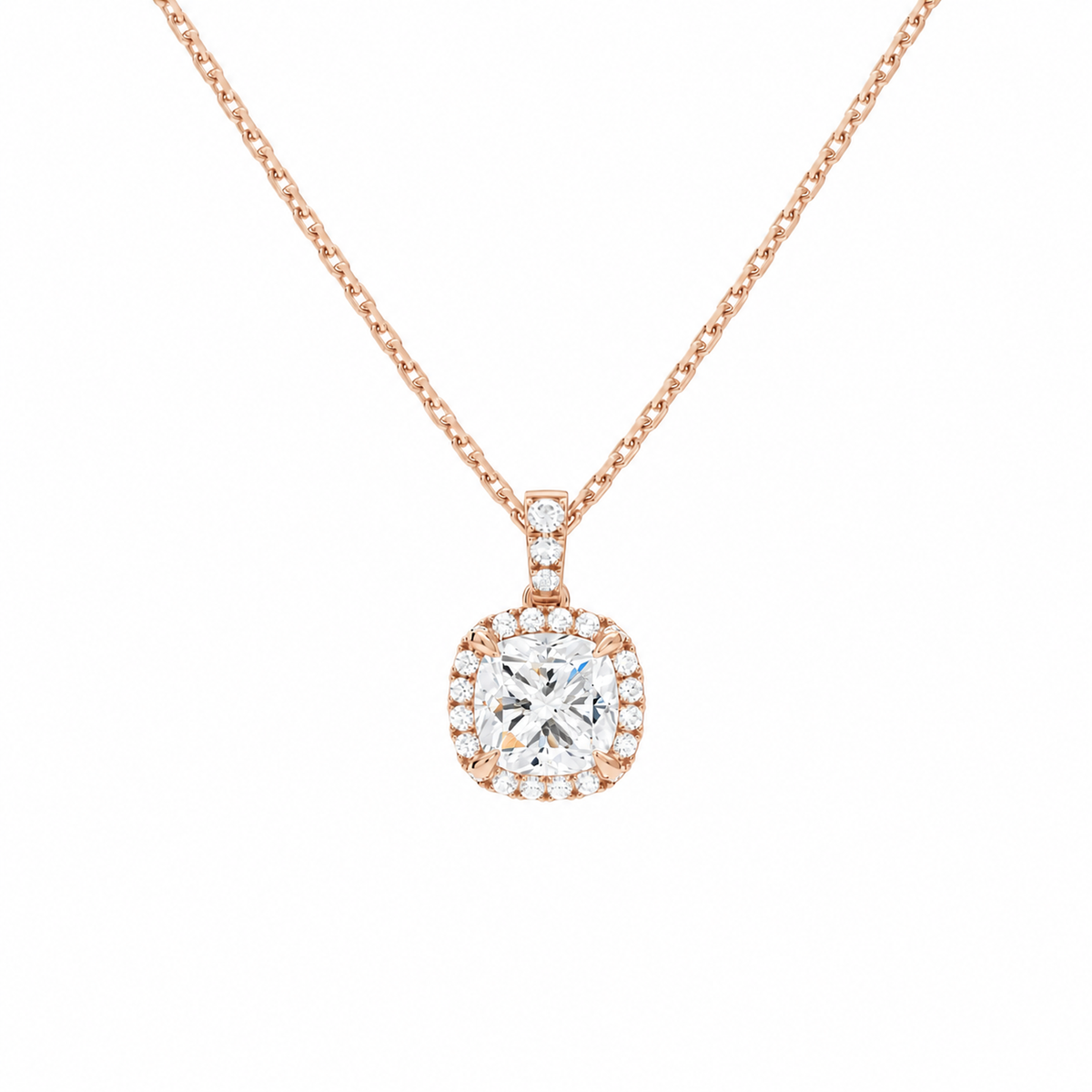 Leona Cushion Halo Accented Bail Lab-Grown Diamond Pendant Necklace in 14K Rose Gold, front view
