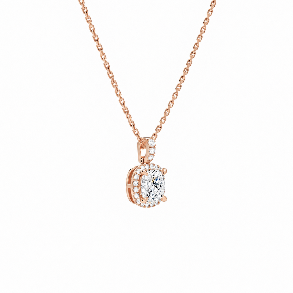 Leona Cushion Halo Accented Bail Lab-Grown Diamond Pendant Necklace in 14K Rose Gold, alternate product view