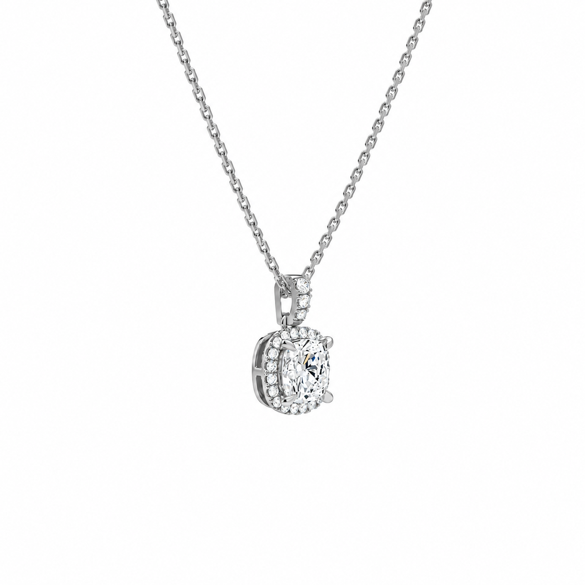 Leona Cushion Halo Accented Bail Lab-Grown Diamond Pendant Necklace in 14K White Gold, alternate product view