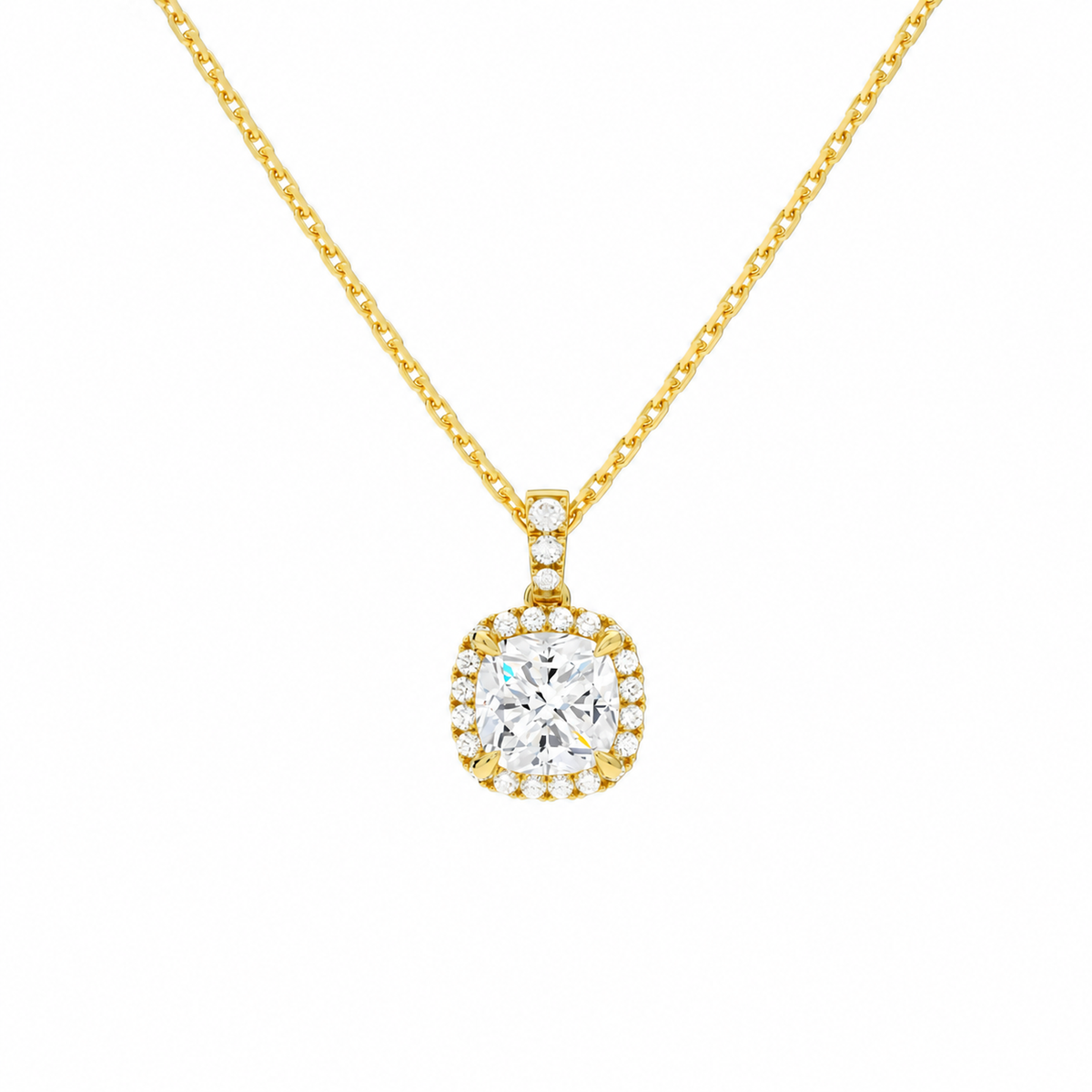 Leona Cushion Halo Accented Bail Lab-Grown Diamond Pendant Necklace in 14K Yellow Gold, front view