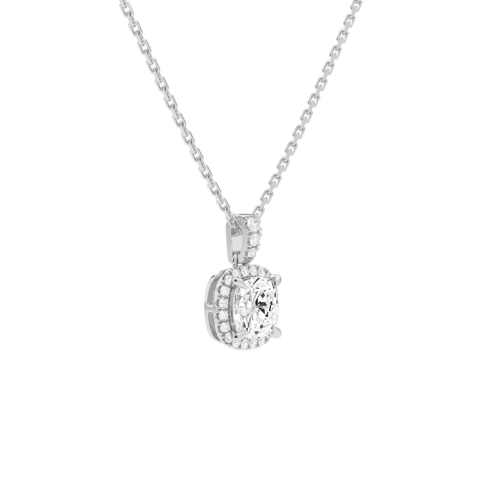 Leona Cushion Halo Accented Bail Diamond Pendant Necklace in 18K White Gold second product view