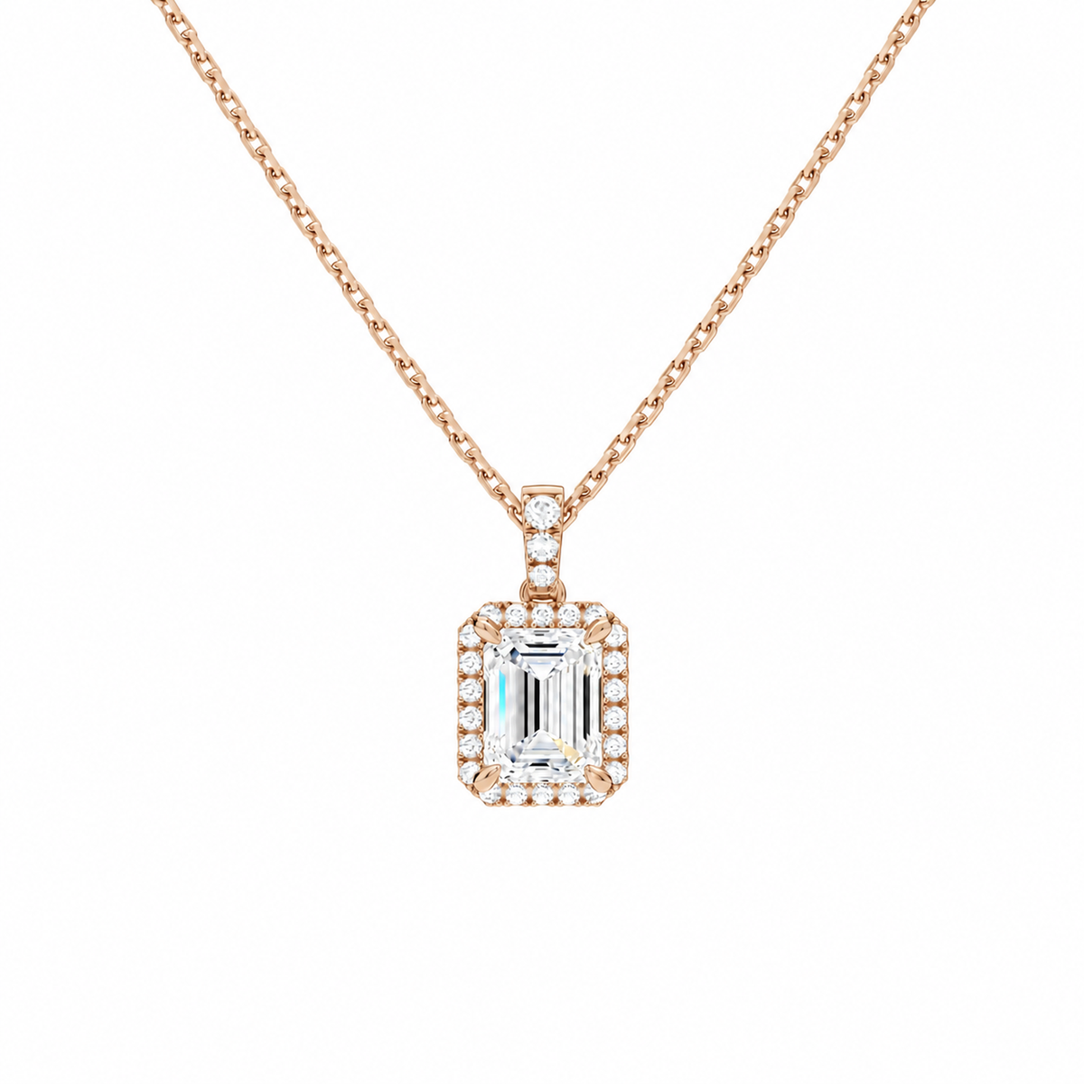 Leona Emerald Halo Accented Bail Lab-Grown Diamond Pendant Necklace in 14K Rose Gold, front view
