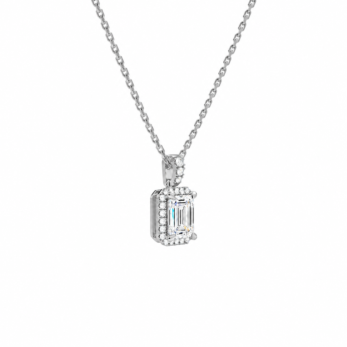 Leona Emerald Halo Accented Bail Lab-Grown Diamond Pendant Necklace in 14K White Gold, alternate product view