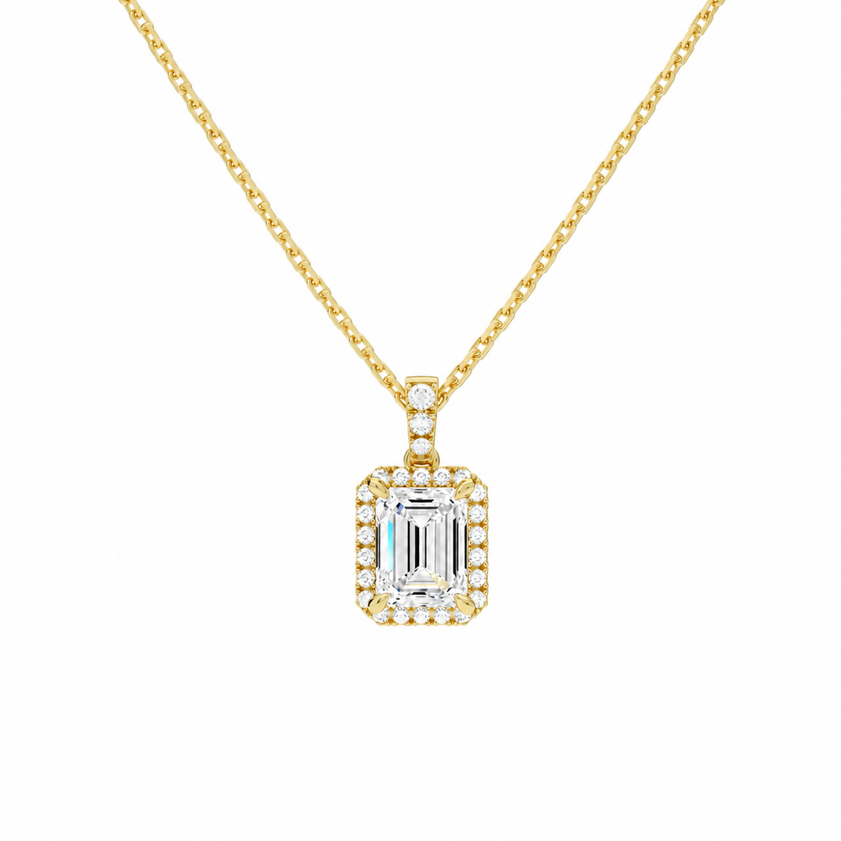Leona Emerald Halo Accented Bail Lab-Grown Diamond Pendant Necklace in 14K Yellow Gold, front view
