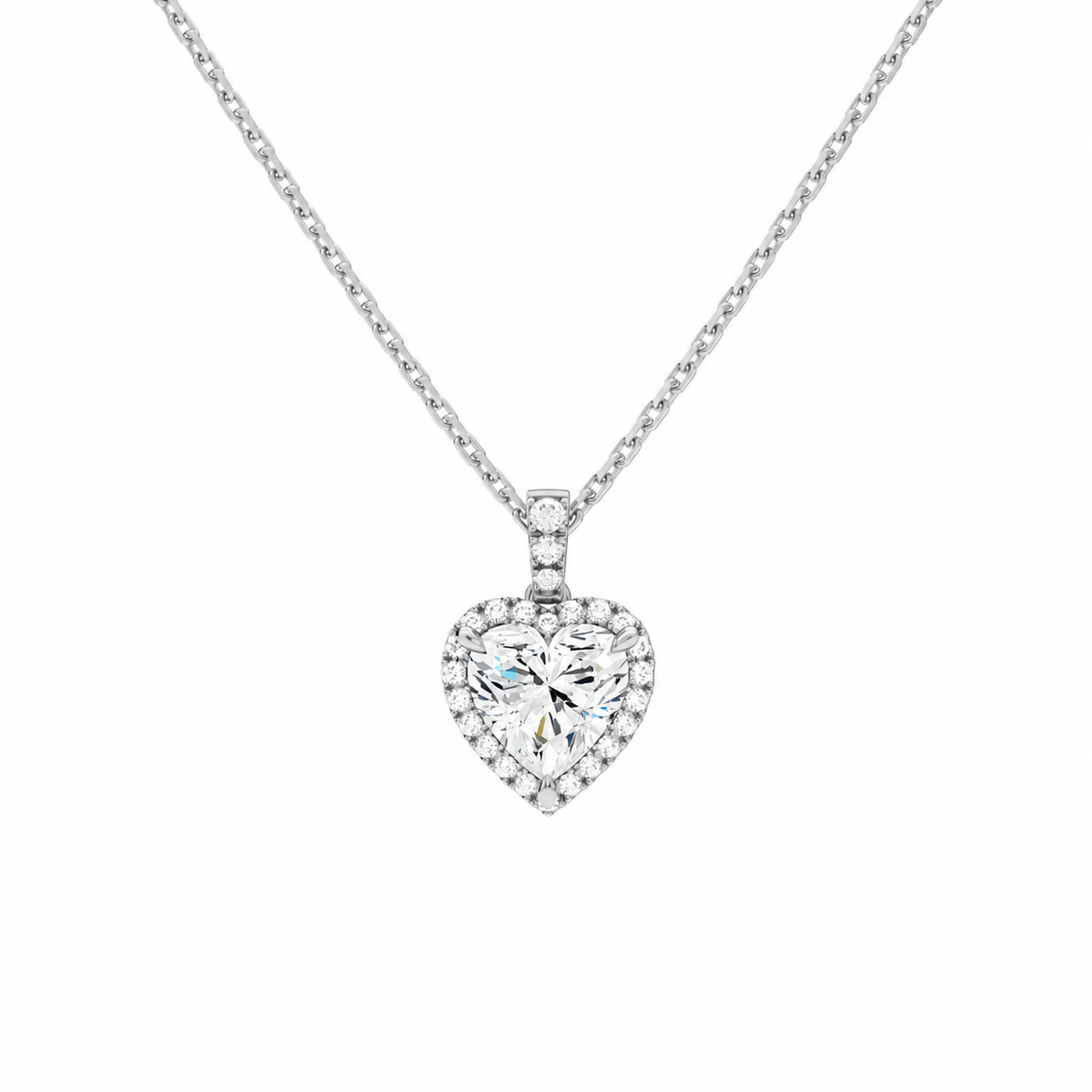 Leona Heart Halo Accented Bail Lab-Grown Diamond Pendant Necklace in 14K White Gold, front view