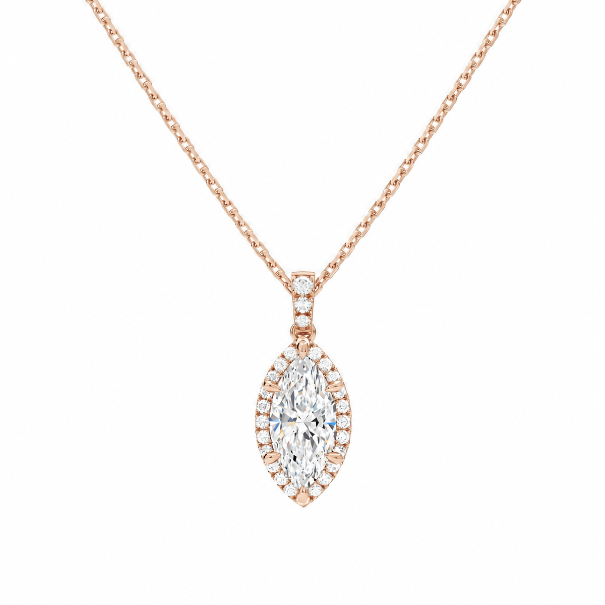 Leona Marquise Halo Accented Bail Lab-Grown Diamond Pendant Necklace in 14K Rose Gold, front view