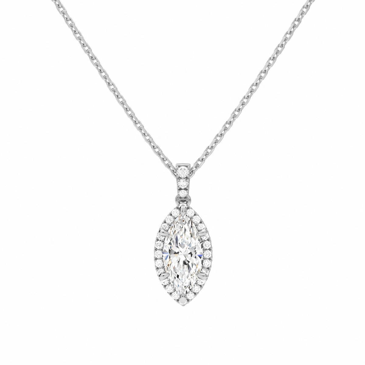 Leona Marquise Halo Accented Bail Lab-Grown Diamond Pendant Necklace in 18K White Gold, front view